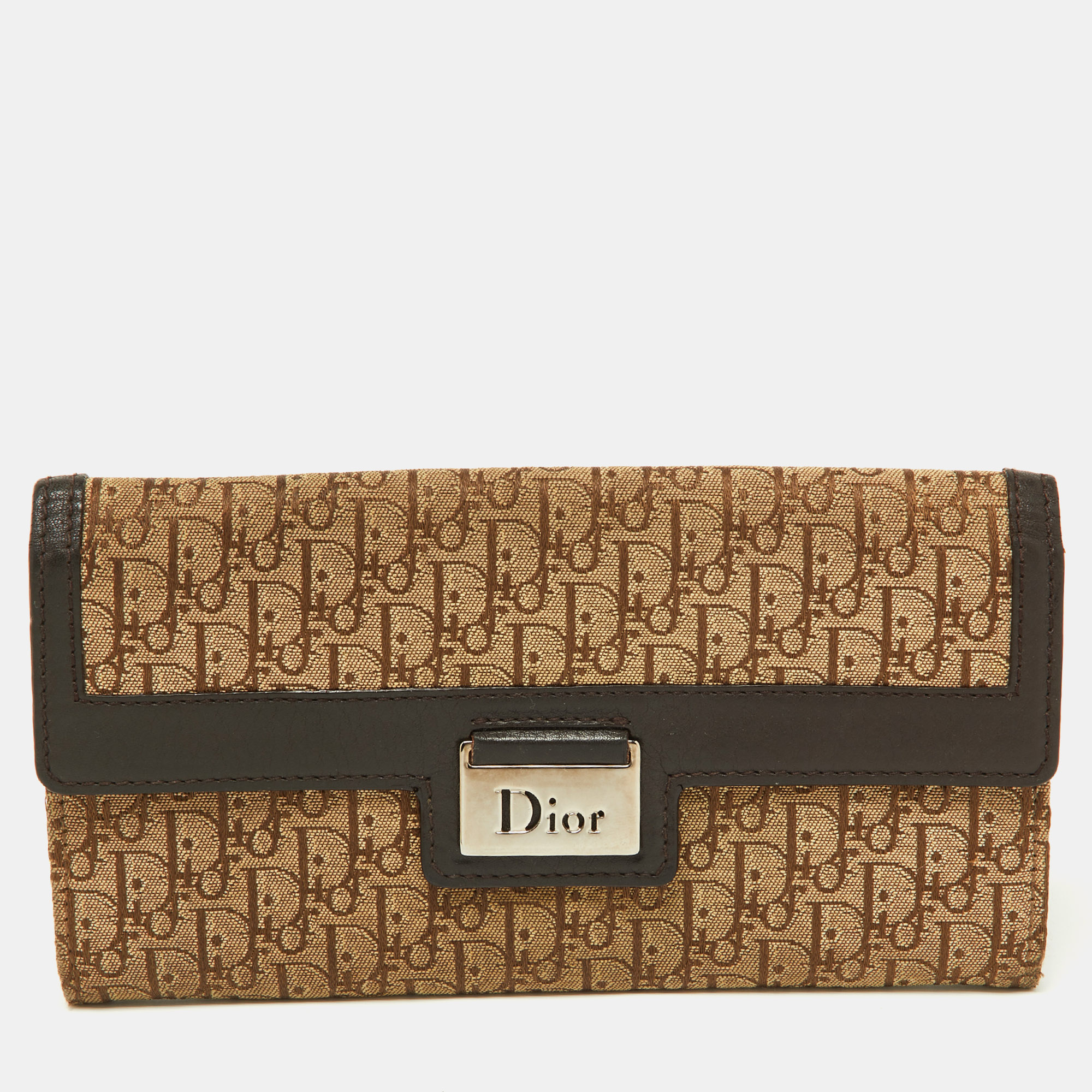 Pre-owned Dior Beige/brown Oblique Canvas And Leather Flap Continental Wallet