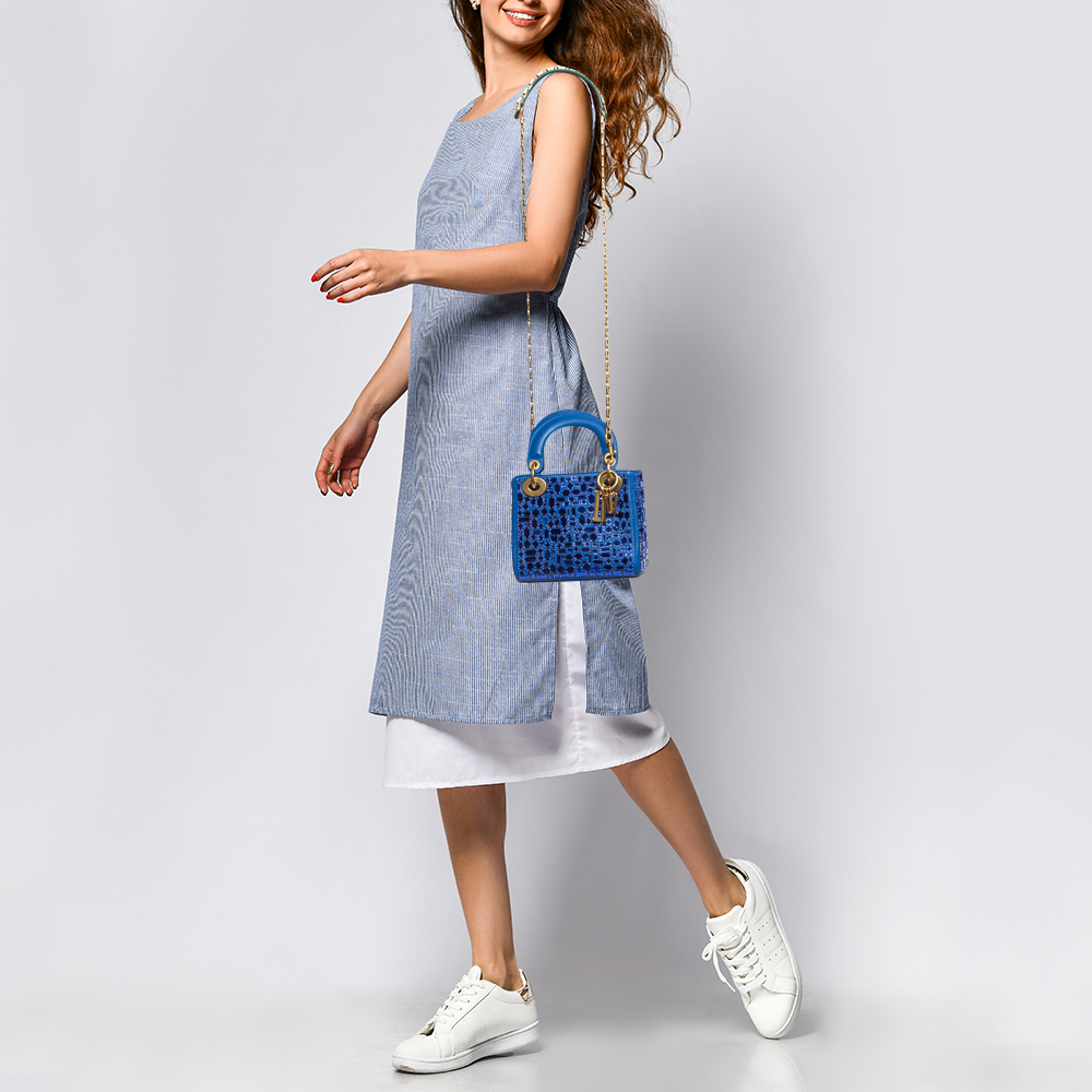 

Dior Blue Leather Mini Mosaic of Mirrors Lady Dior Tote