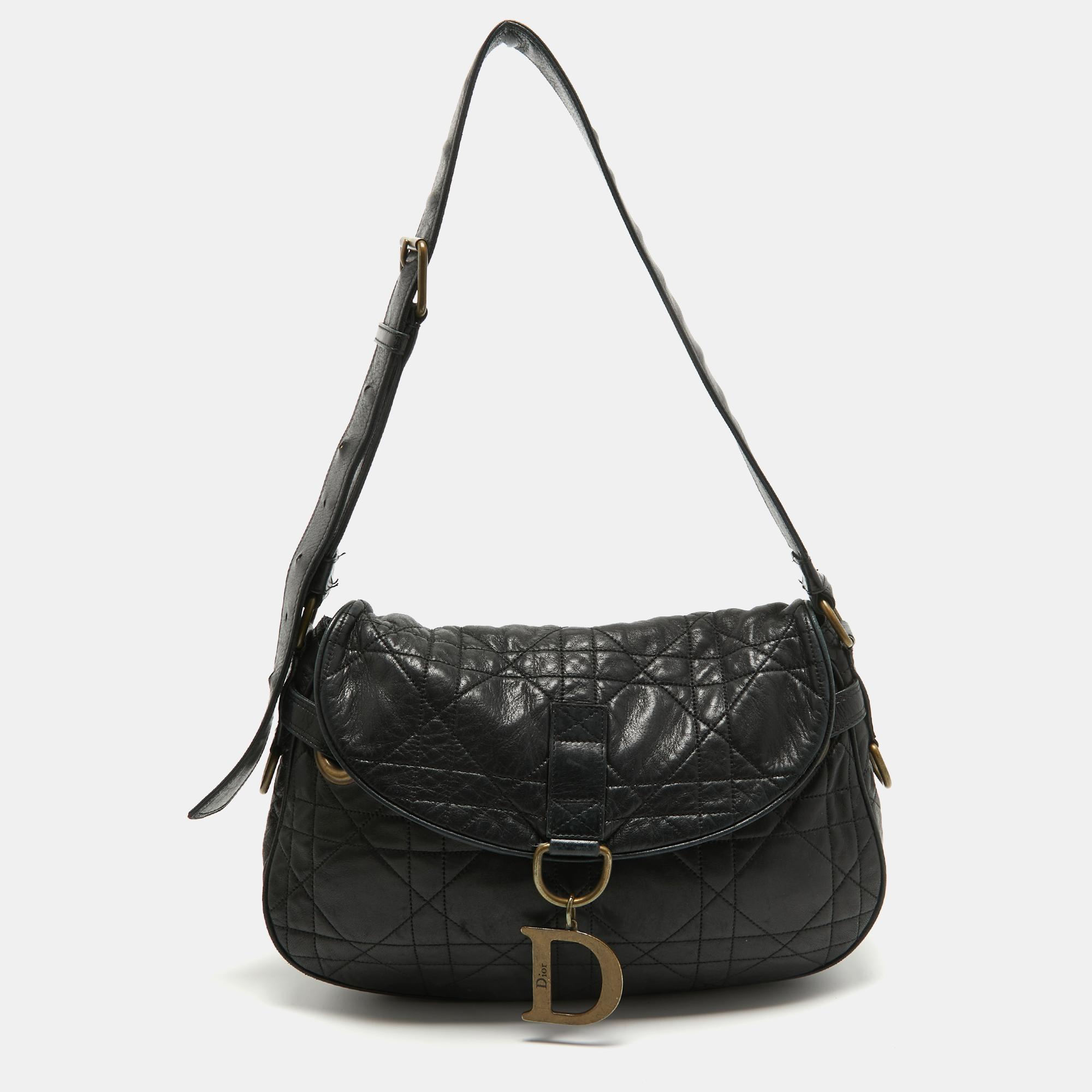 Pre-owned Dior Black Cannage Leather Flap Shoulder Bag