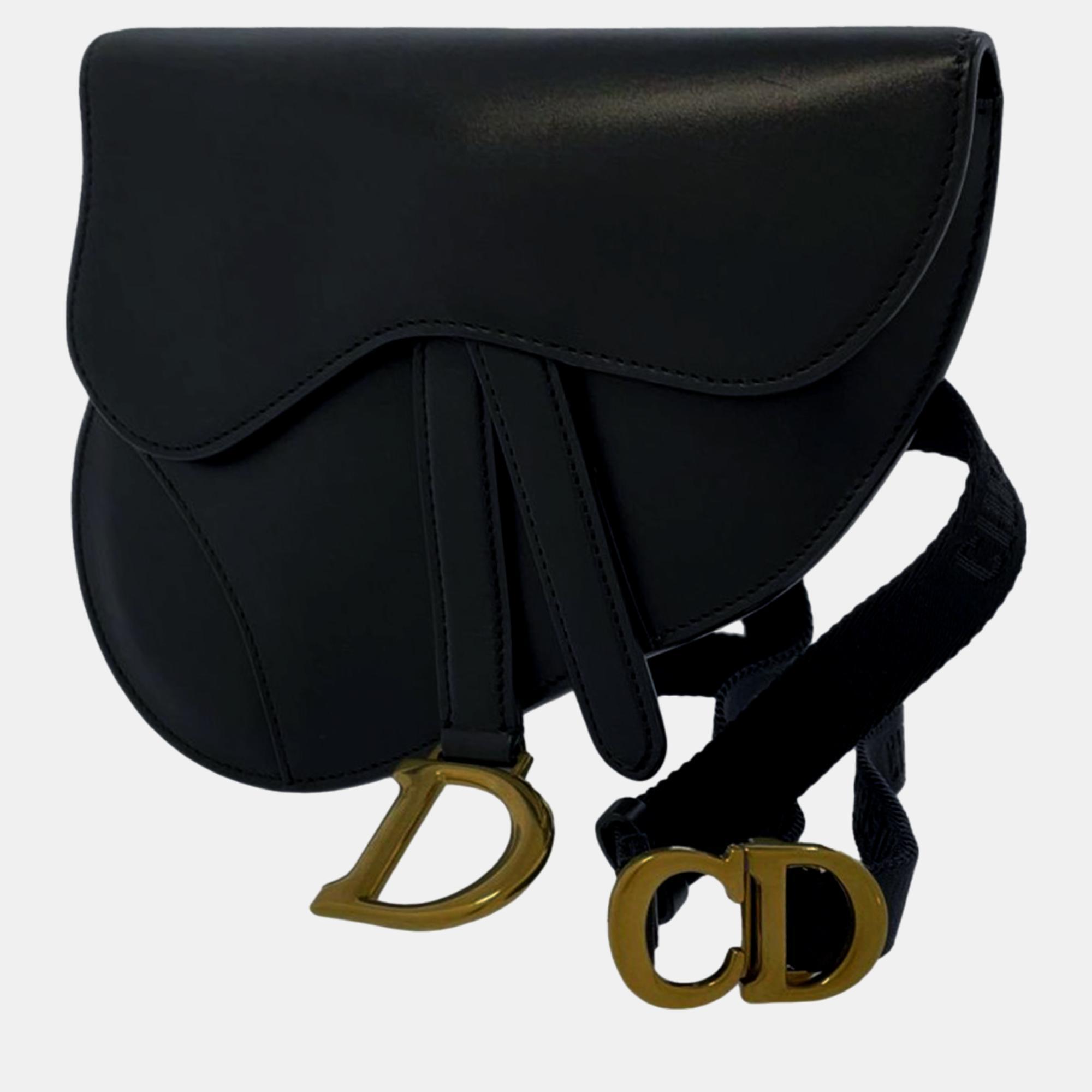 This satchel features a leather body an adjustable flat waist strap and a front flap closure.