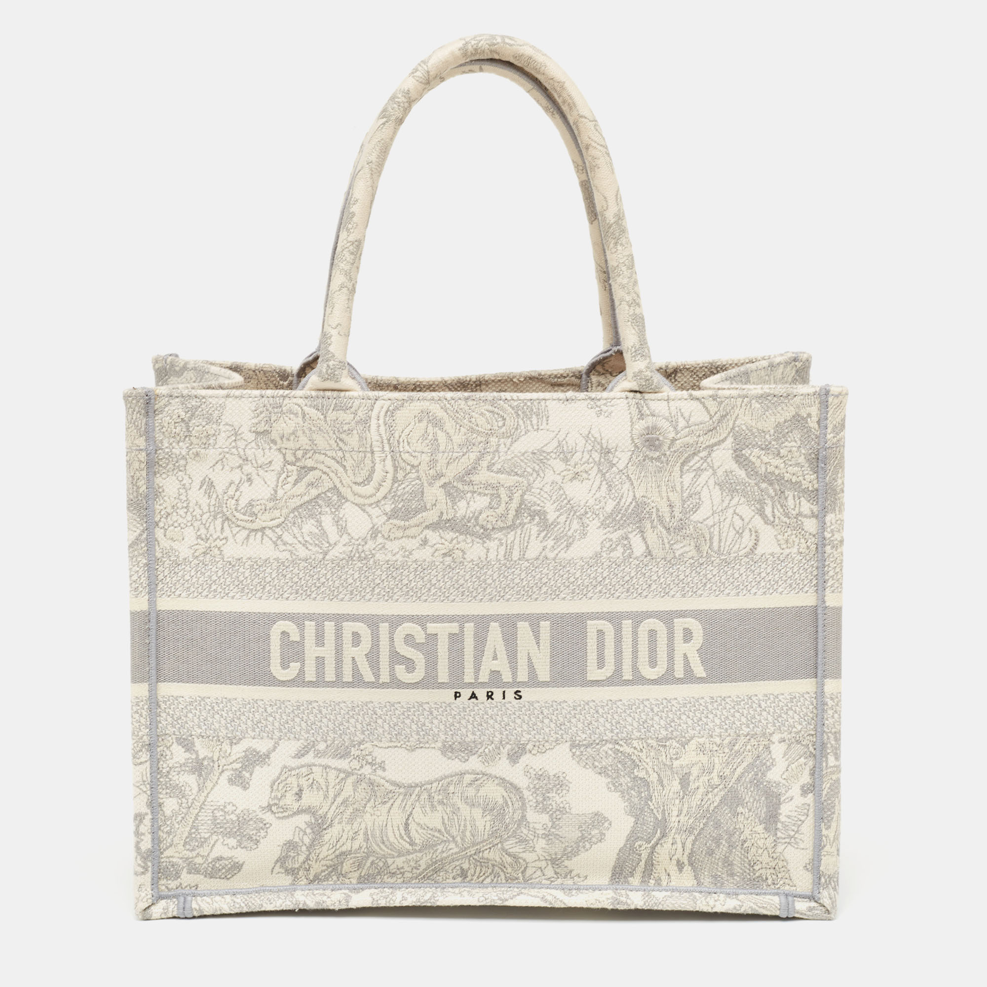 Pre-owned Dior Grey Reverse Embroidery Canvas Medium Book Tote