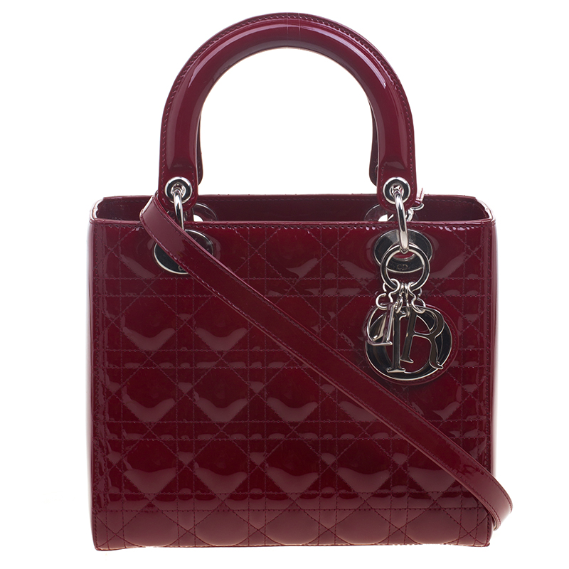 Buy Dior Burgundy Patent Leather Medium Lady Dior Tote 94008 at best ...