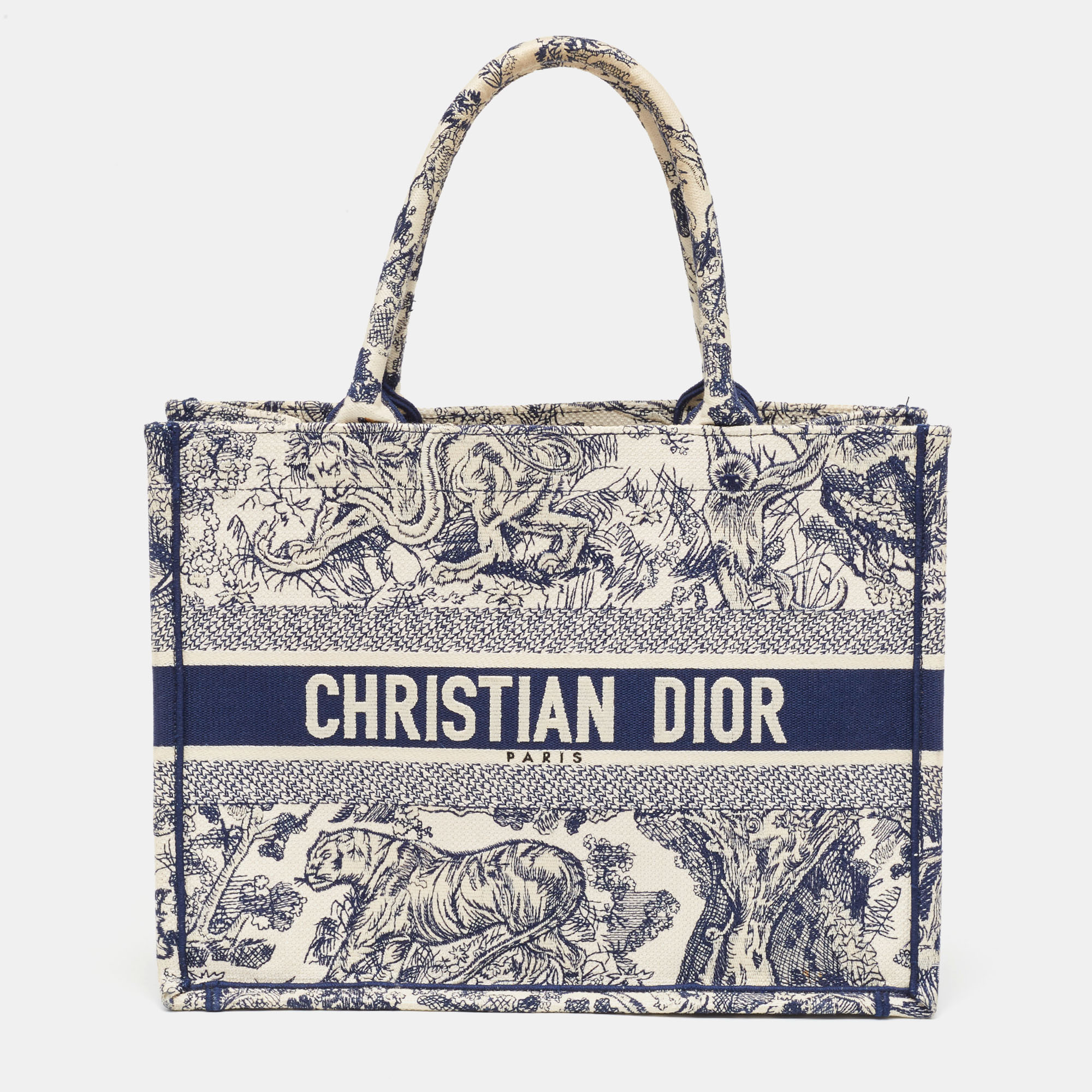 

Dior Navy Blue/White Toile De Jouy Embroidery Canvas  Book Tote