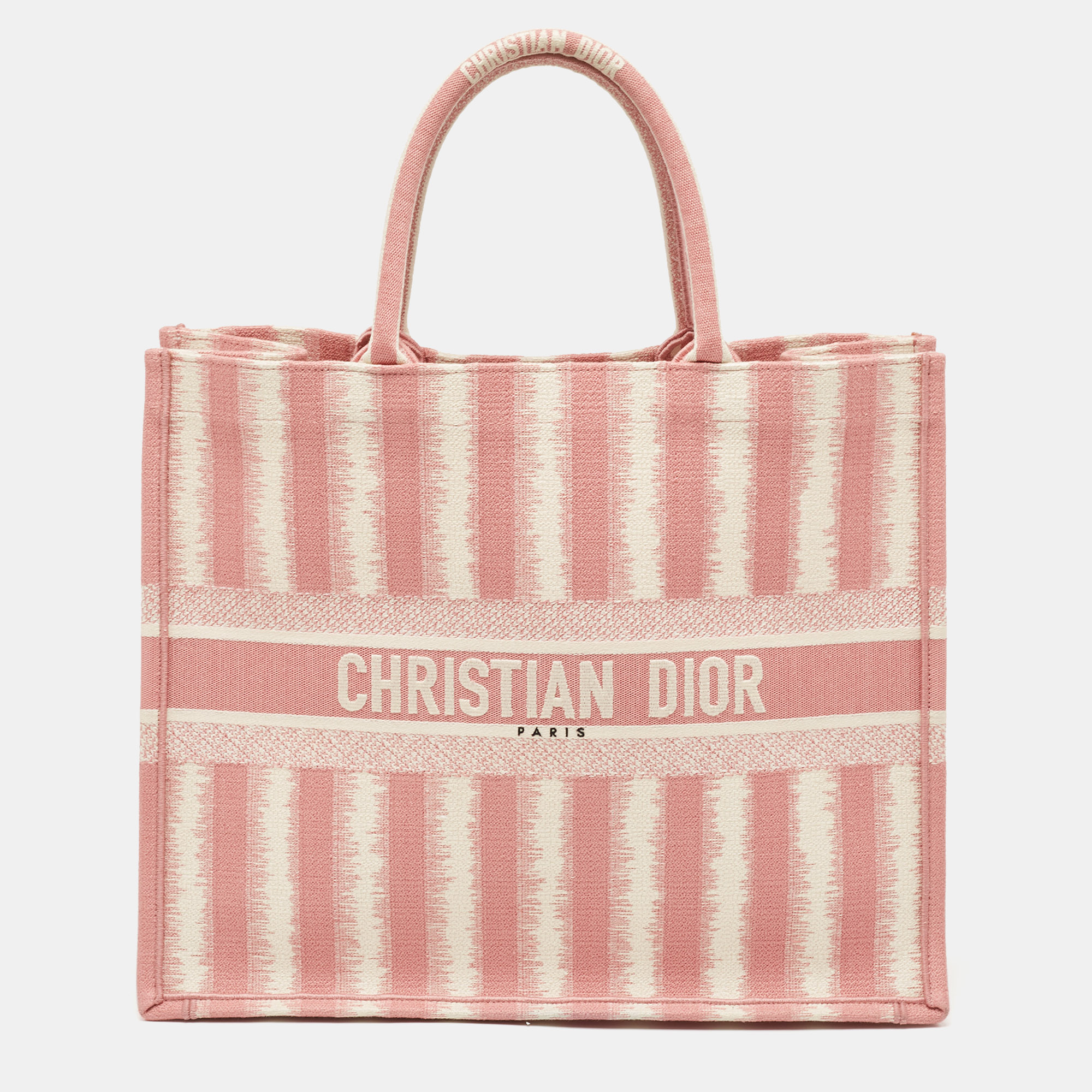 Pre-owned Dior Pink/white Stripe Embroidered Canvas Large Book Tote