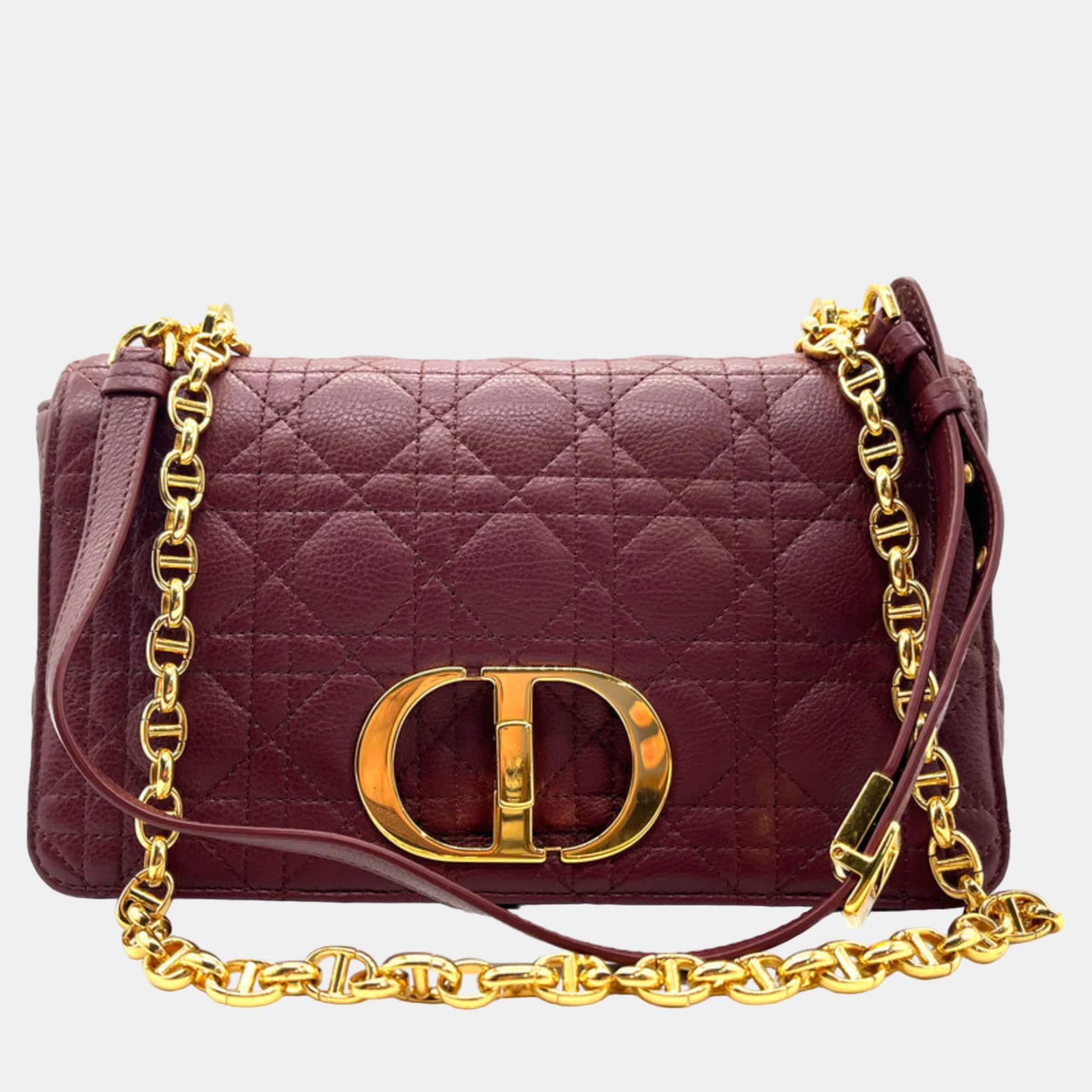 Pre-owned Dior Burgundy Cannage Leather Large Caro Shoulder Bag