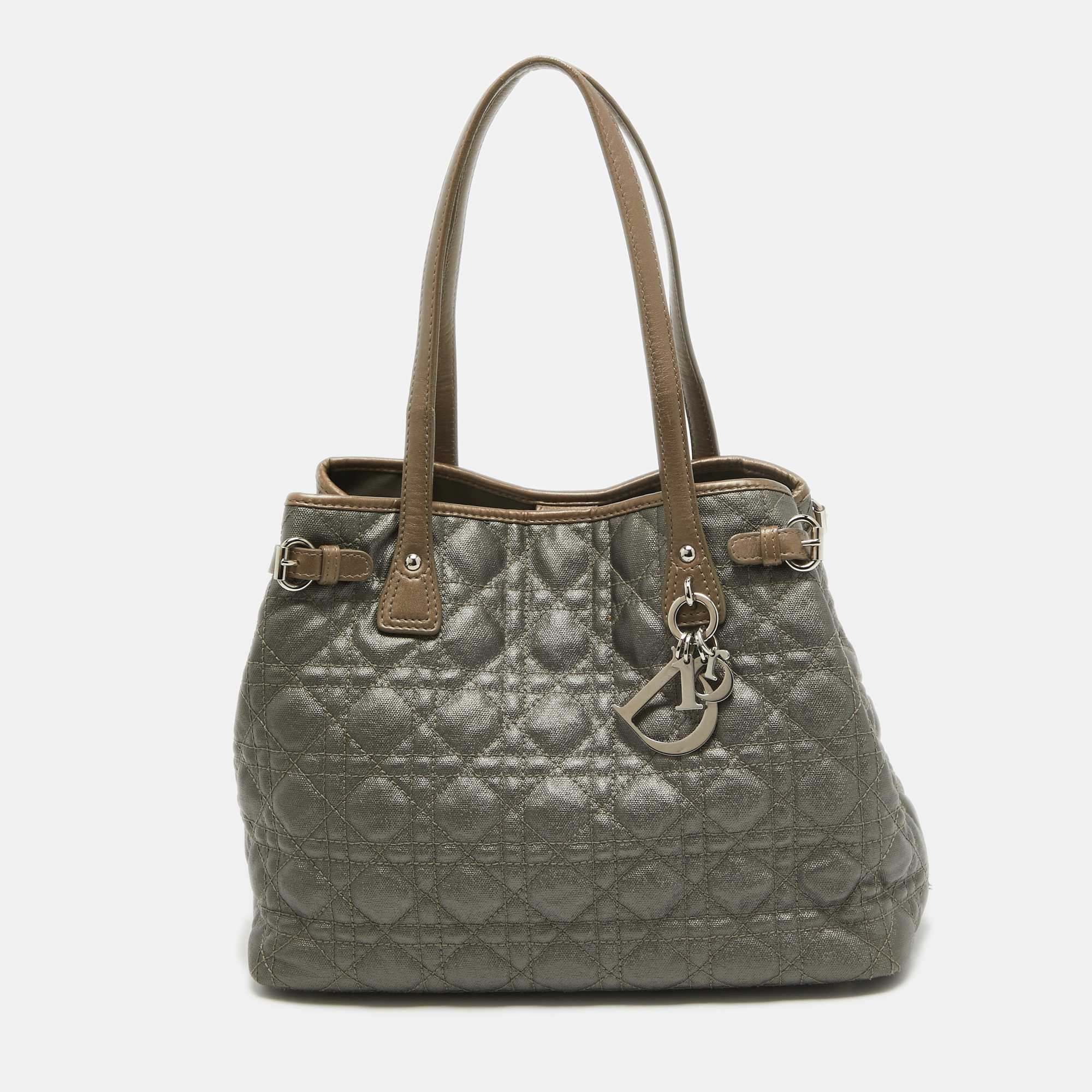 Pre-owned Dior Grey/metallic Brown Coated Canvas And Leather Small Panarea Tote