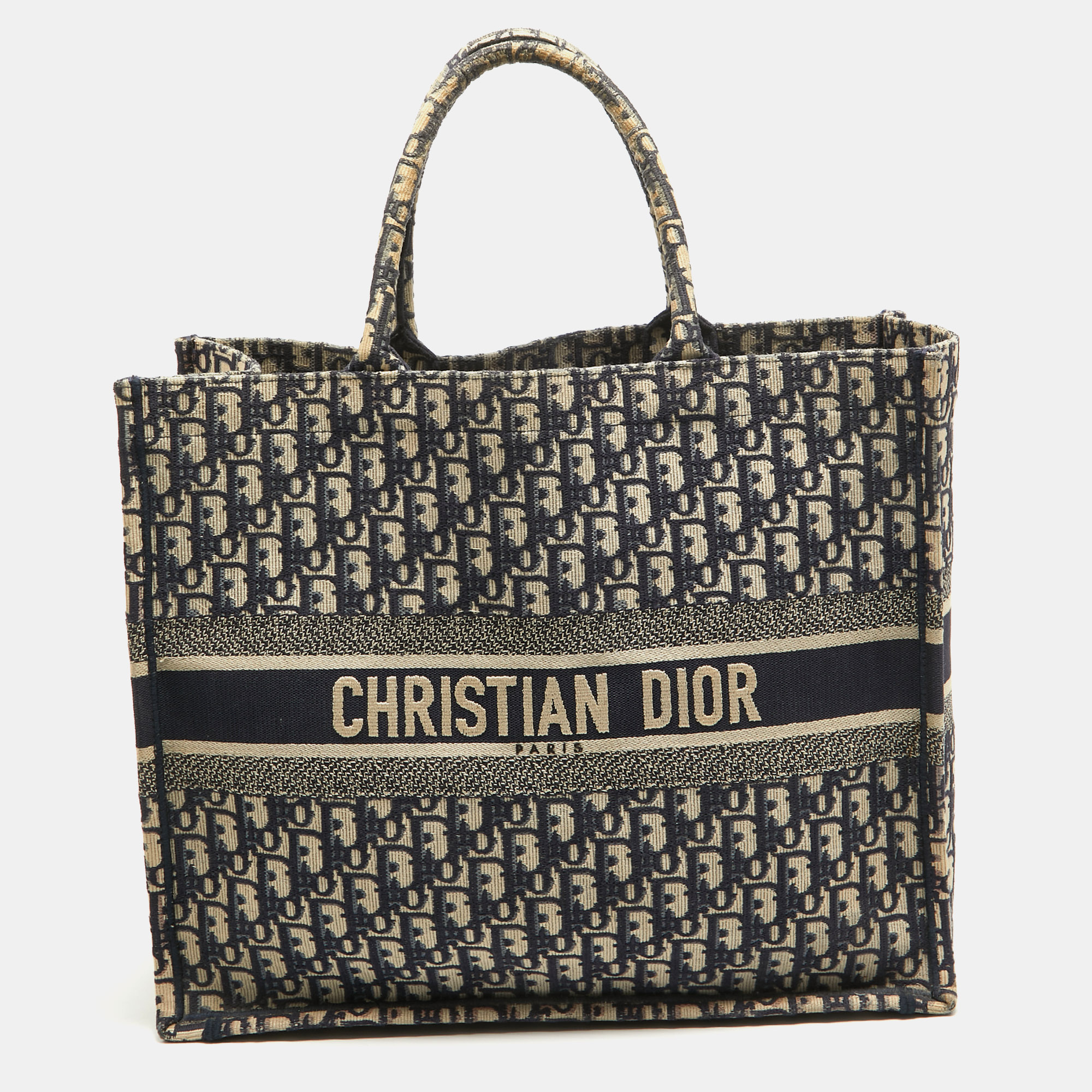Pre-owned Dior Navy Blue Oblique Embroidered Canvas Large Book Tote
