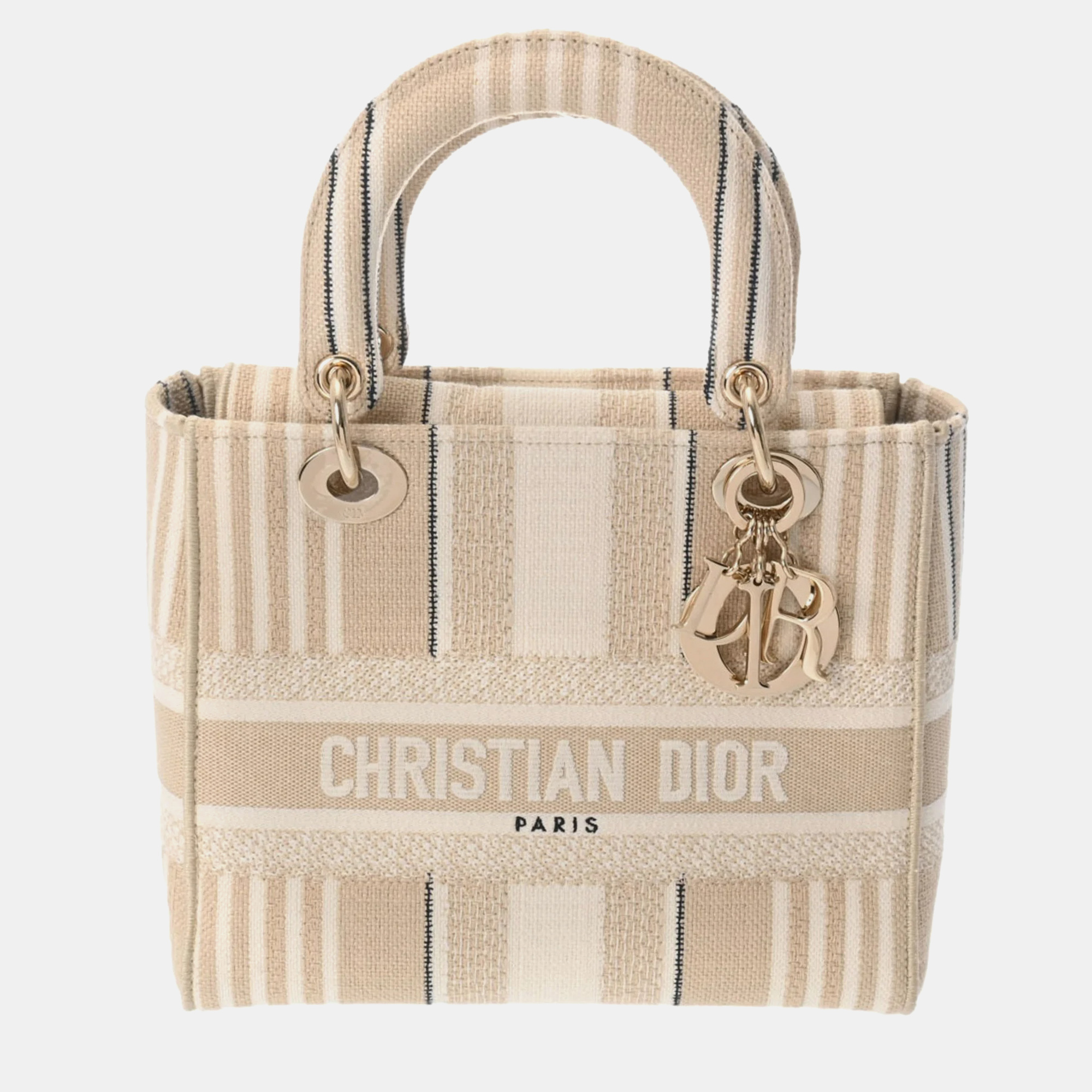 

Dior Multicolor Stripe Embroidered Canvas Medium Lady D-Lite Tote, Beige