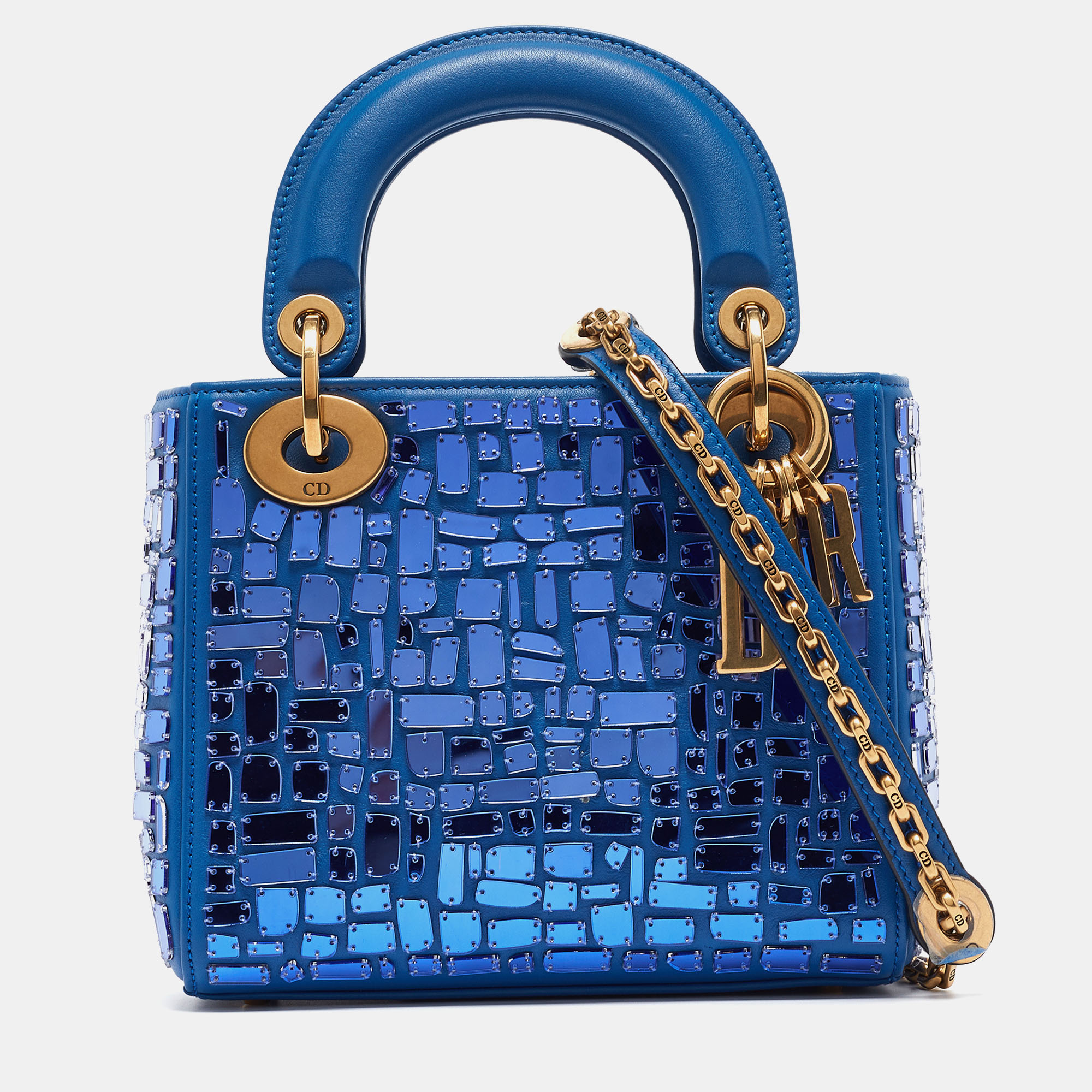 Pre Owned Dior Blue Leather Mini Mosaic of Mirrors Lady Dior Tote