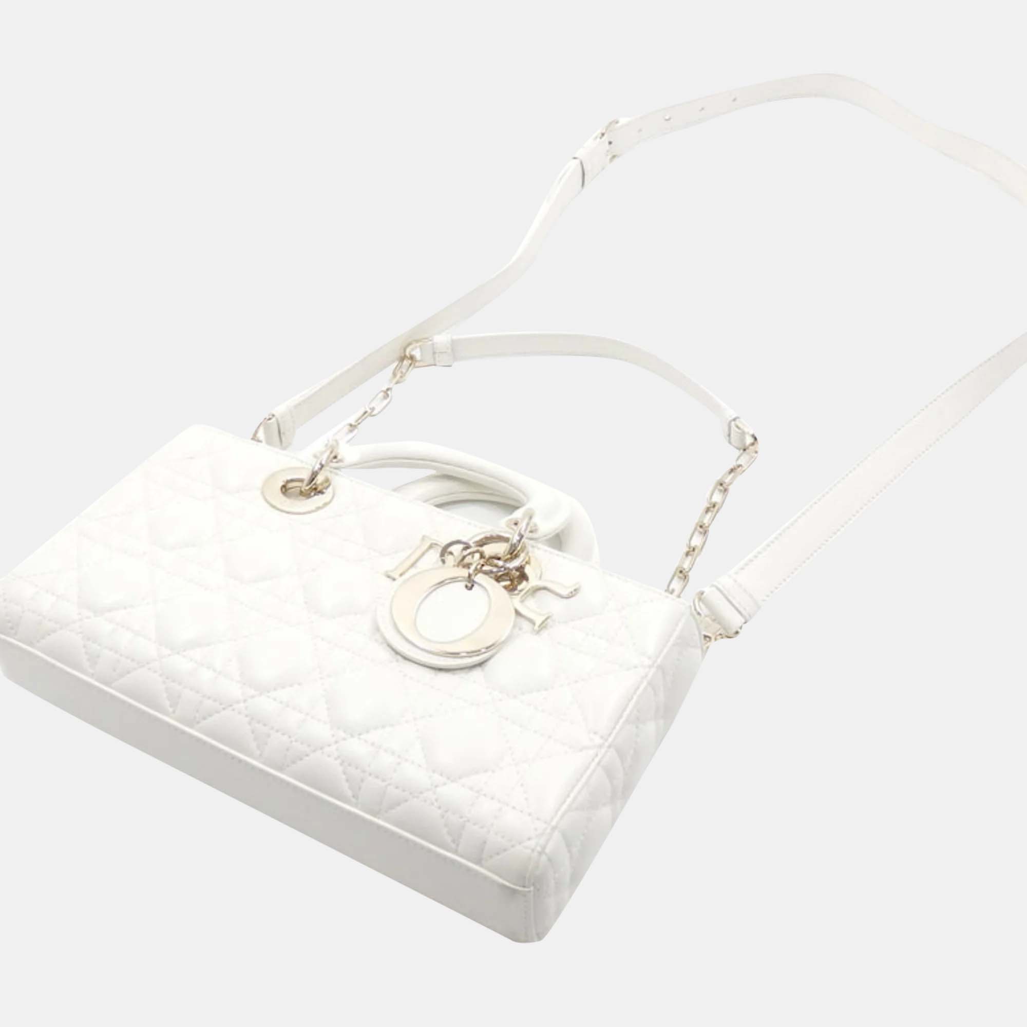 

Dior White Leather Medium Lady D-Lite Top Handle Bag