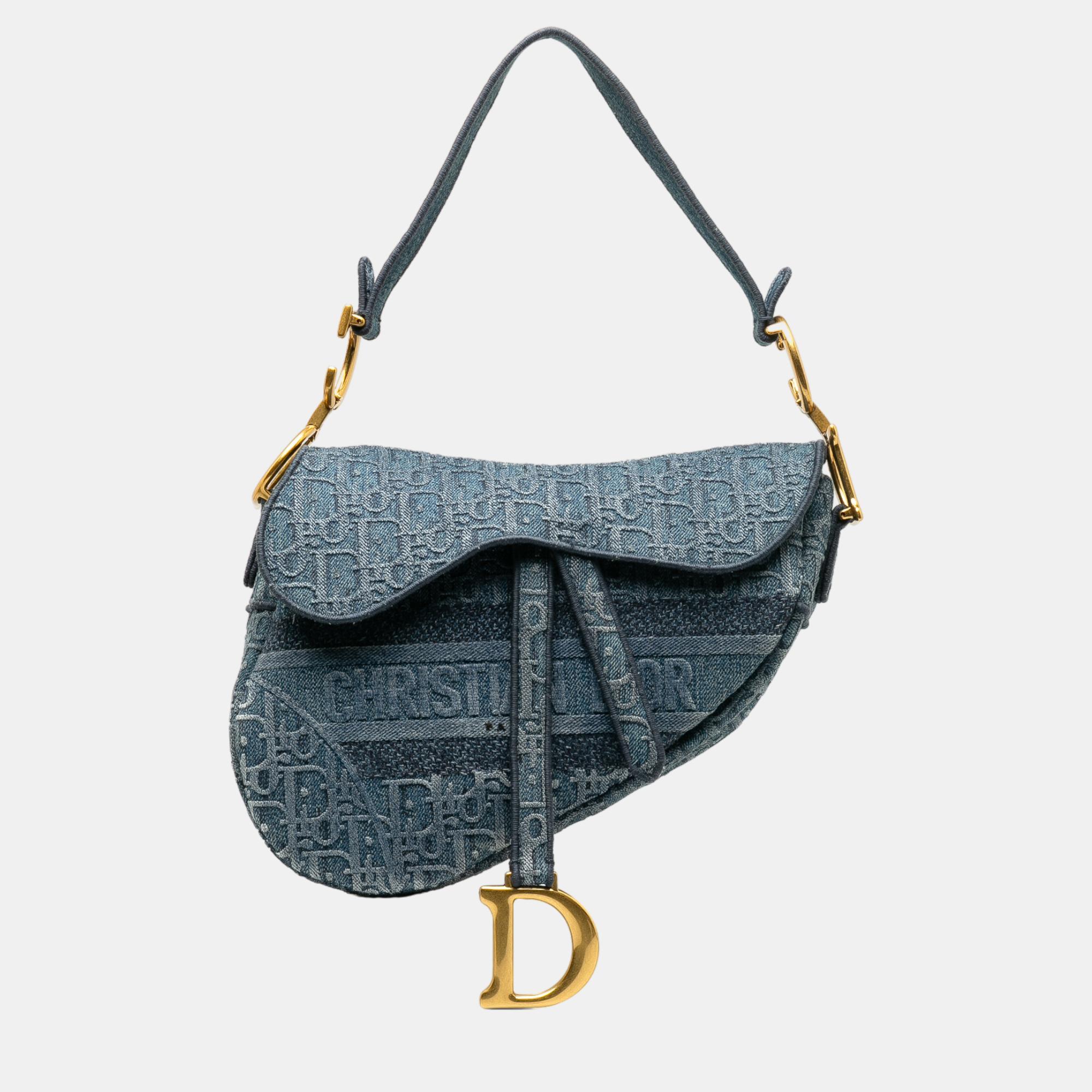 Pre-owned Dior Blue Oblique Denim Saddle Bag