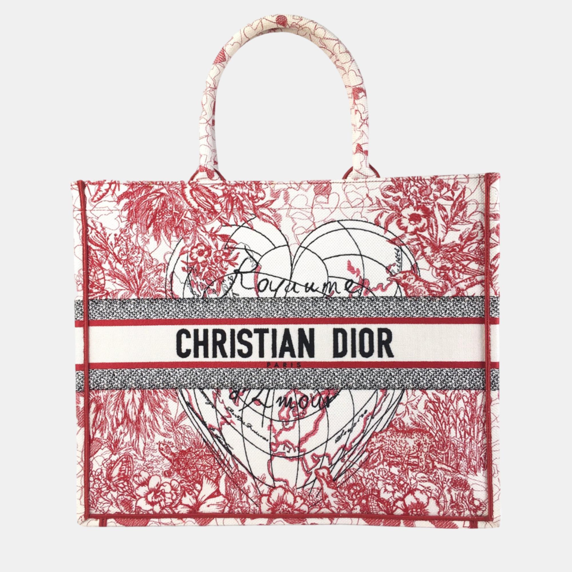 

Dior Red/White Large D-Royaume d'Amour Embroidered Book Tote