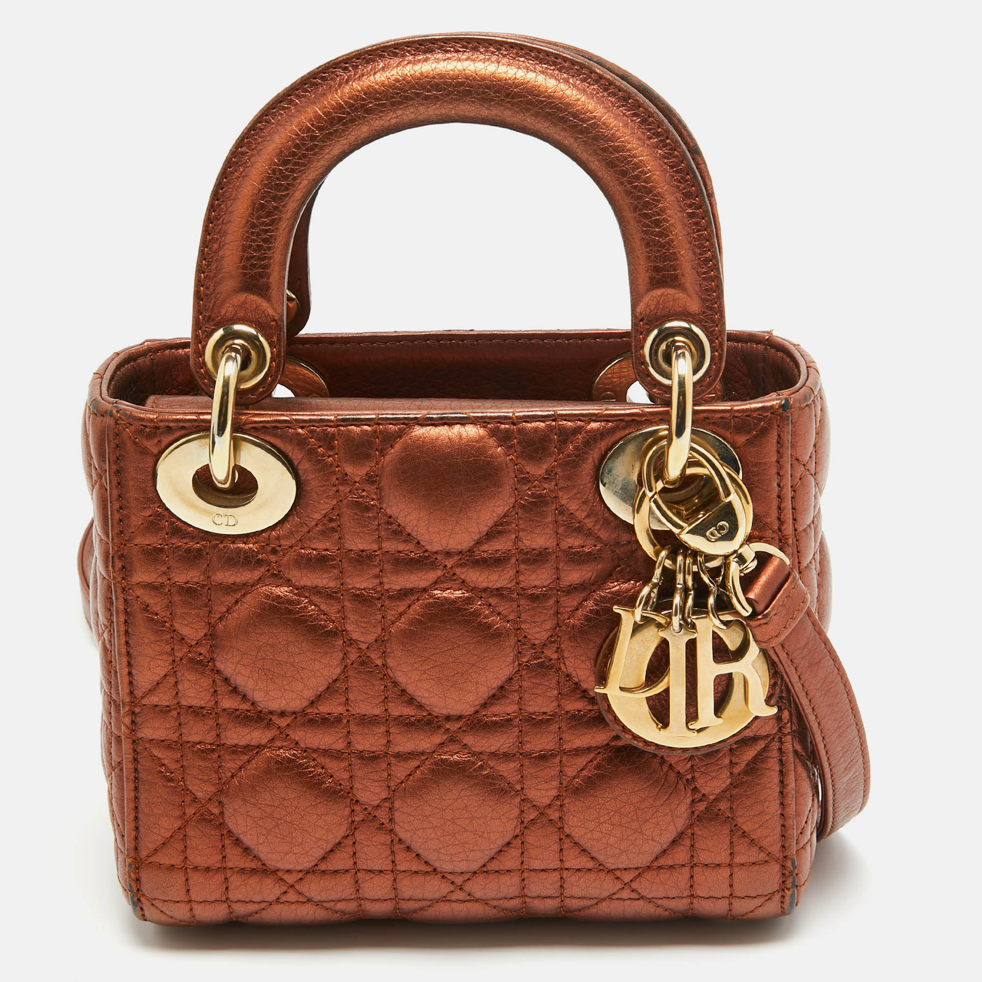 

Dior Bronze Cannage Leather Mini Lady Dior Tote, Metallic