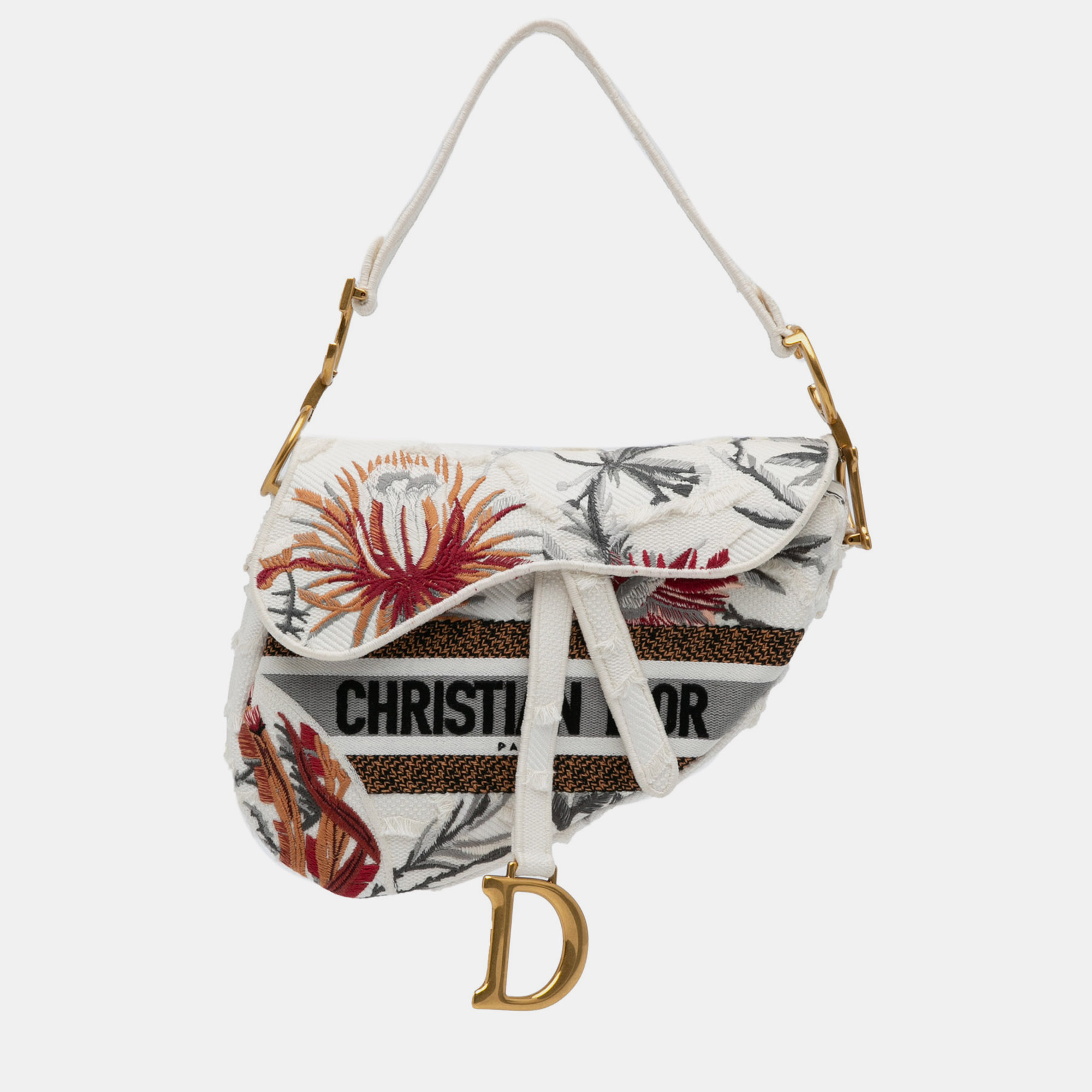 Pre-owned Dior Medium Embroidered Floral Saddle In White