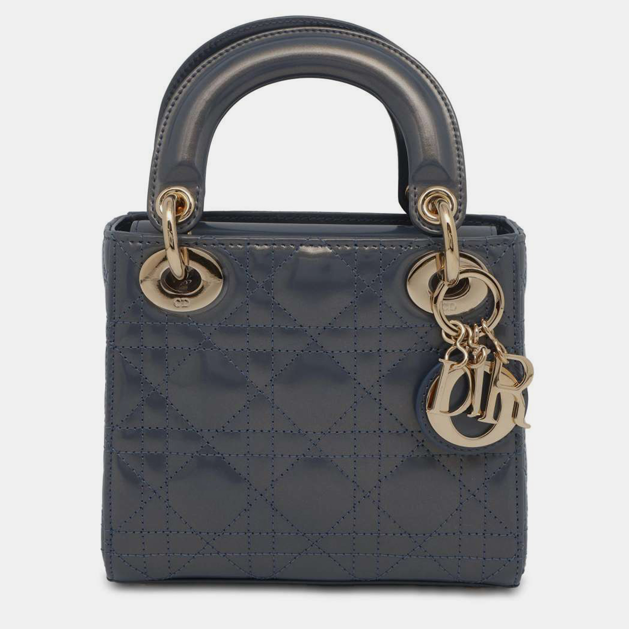 

Dior Grey Patent Leather Mini Cannage Lady Dior Top Handle Bag