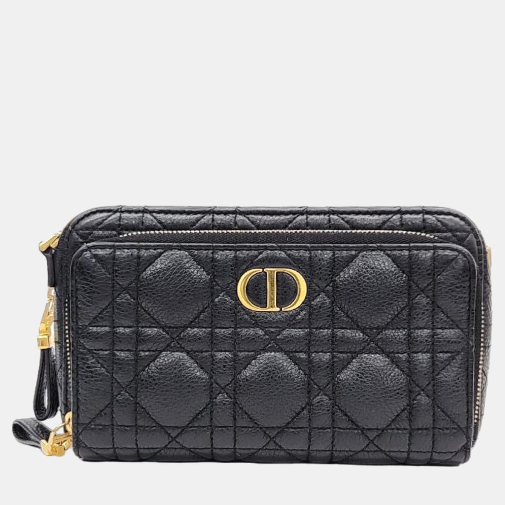 Pre-owned Dior Black Leather Caro Double Pouch Bag