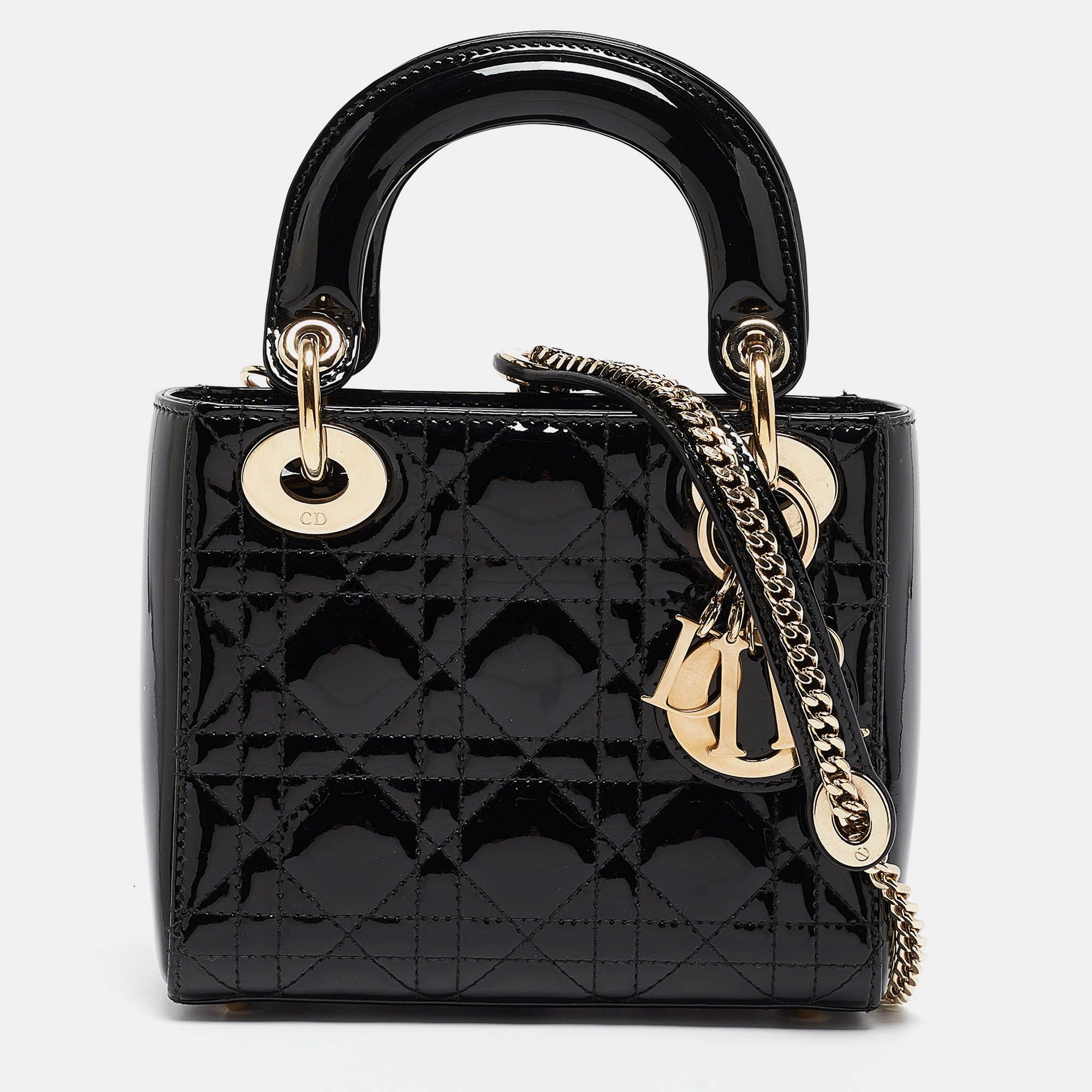 

Dior Black Cannage Patent Leather Mini Lady Dior Tote