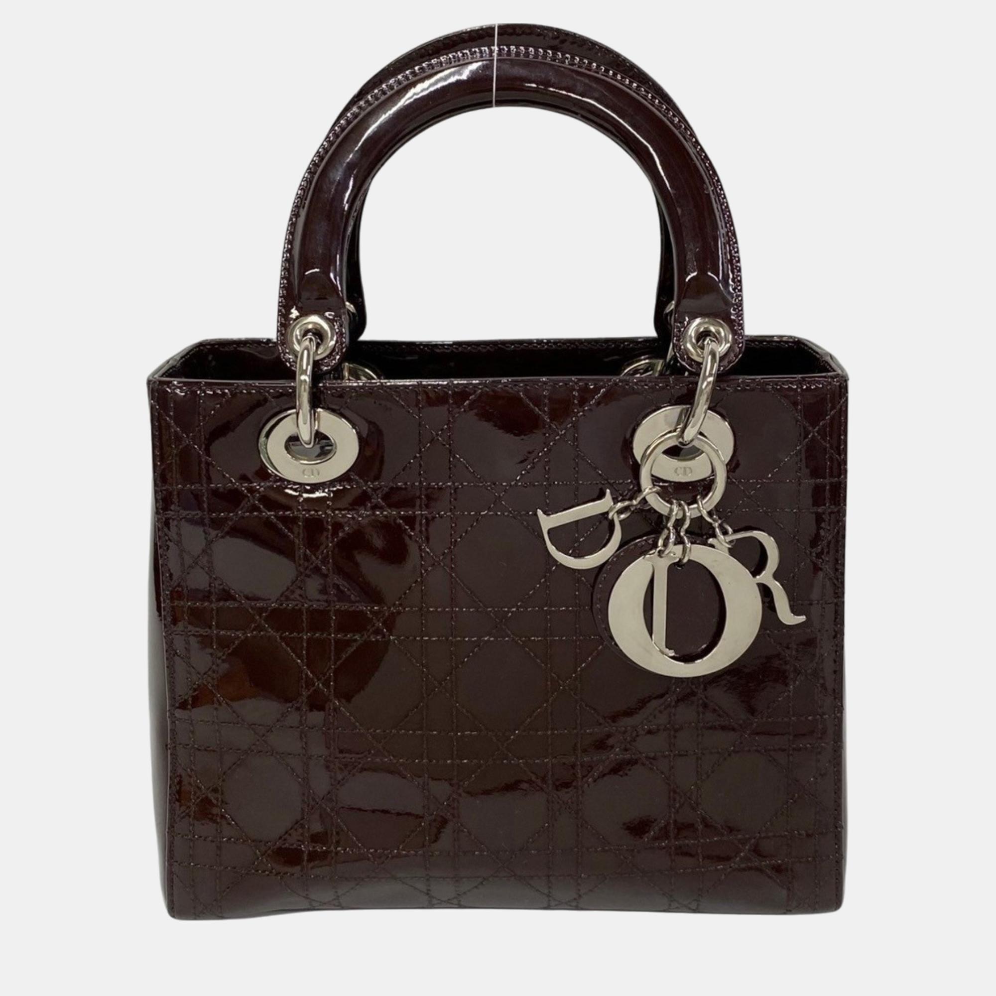 

Dior Brown Patent Leather  Lady Dior Top Handle Bags