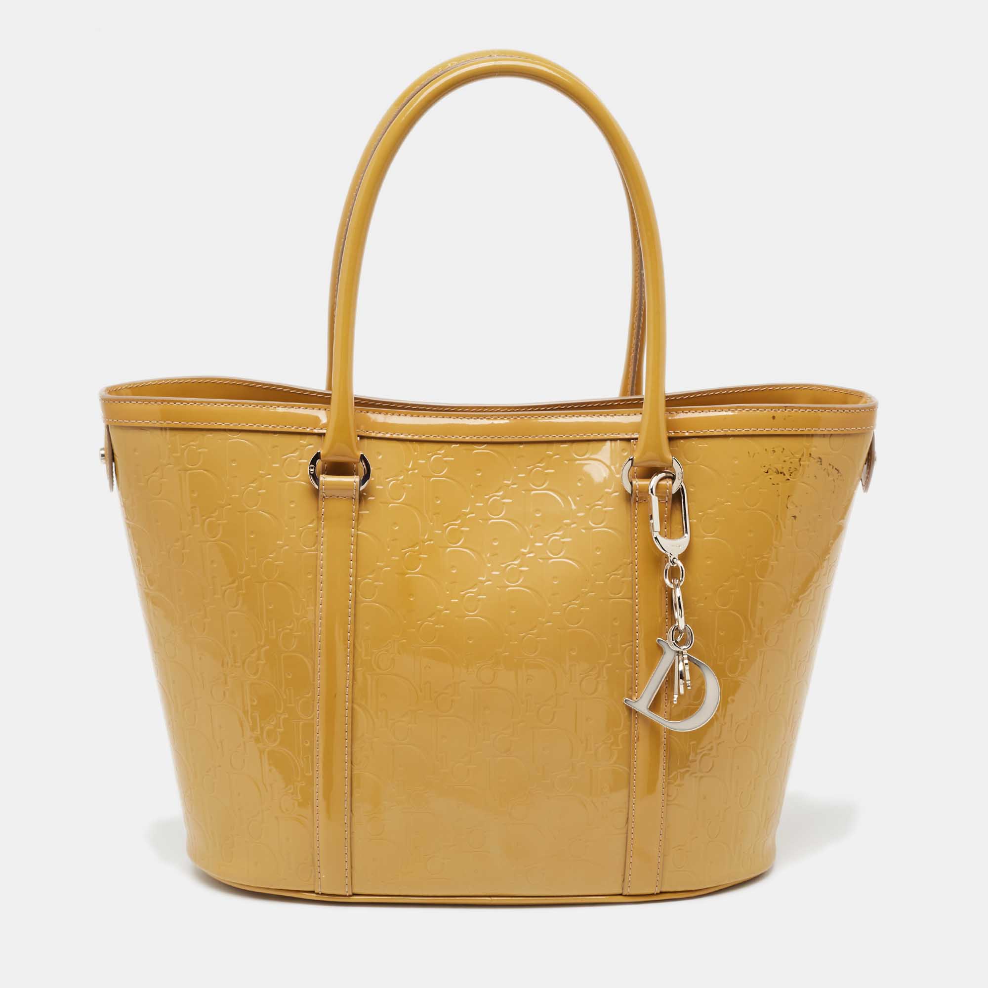Pre-owned Dior Oblique Embossed Patent Leather Shopper Tote In Yellow