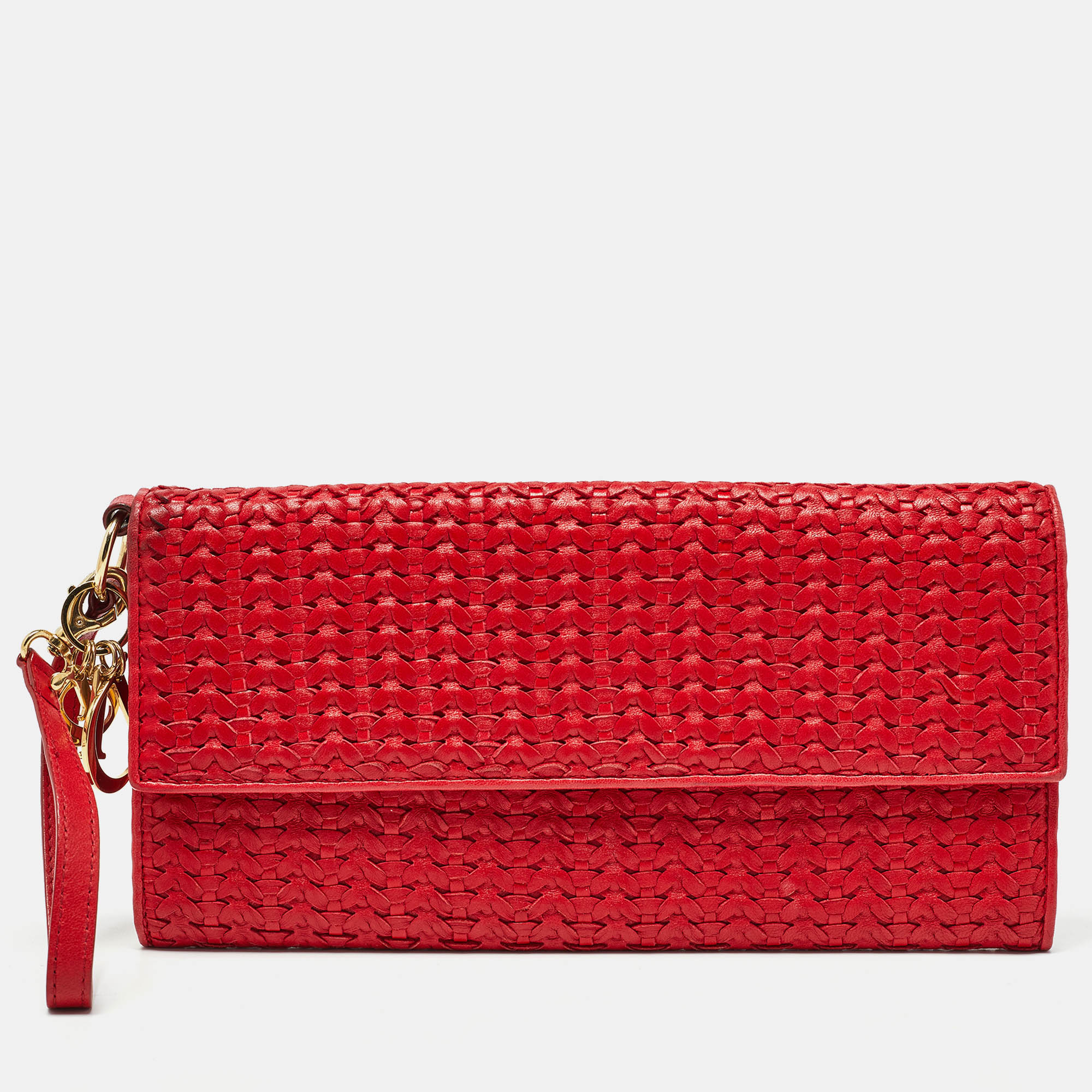 

Dior Red Woven Leather Wristlet Clutch