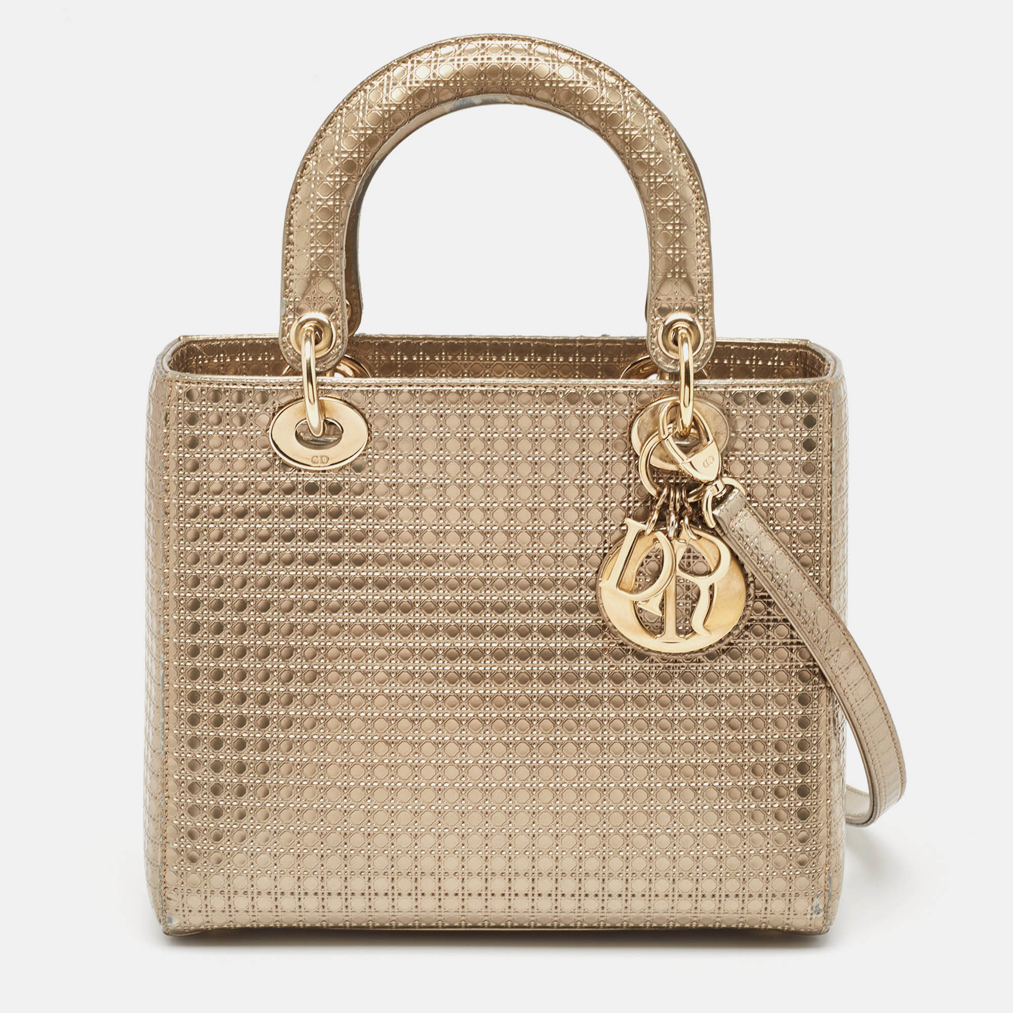 

Dior Gold Micro Cannage Patent Leather  Lady Dior Tote