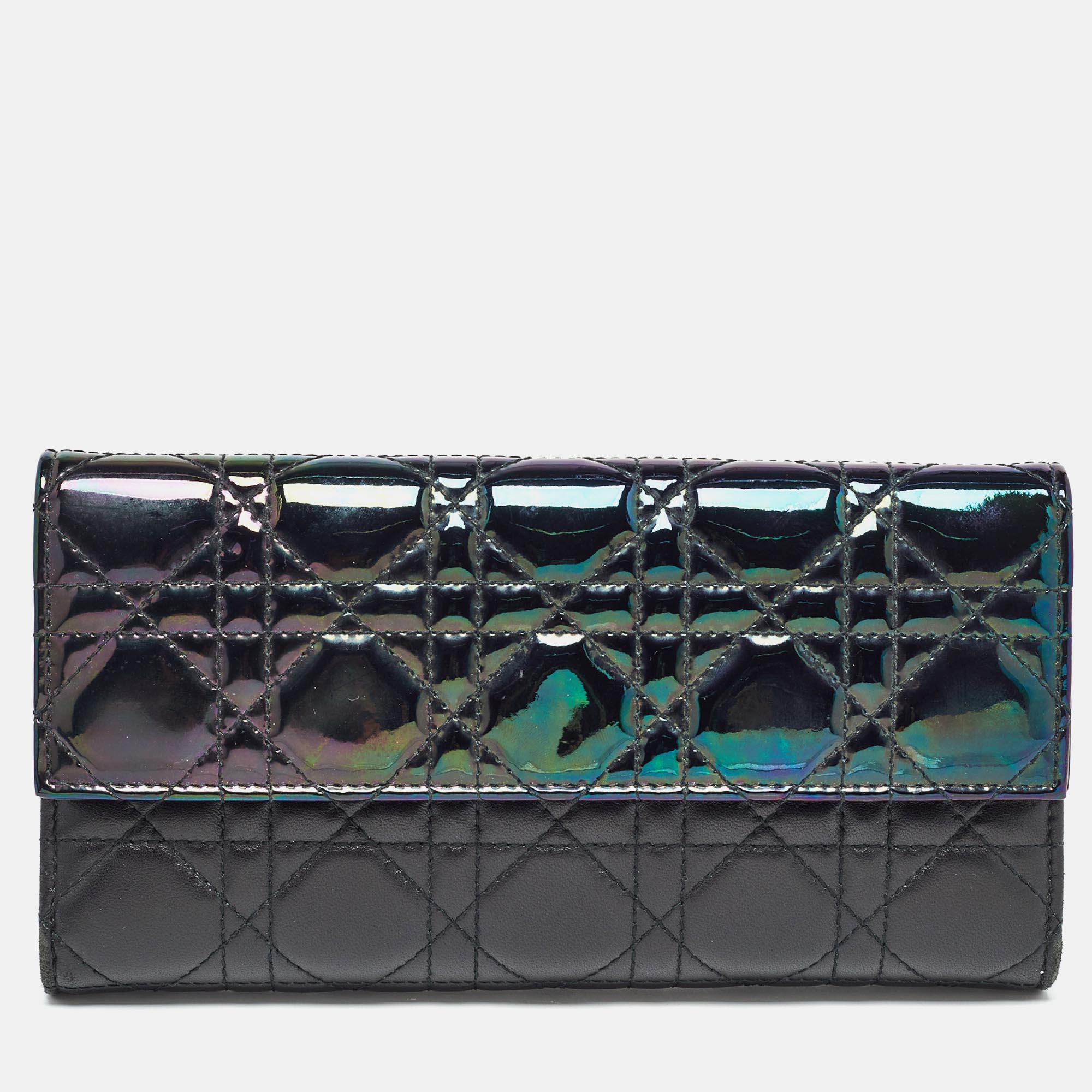 

Dior Black Iridescent Cannage Patent and Leather Lady Dior Flap Wallet