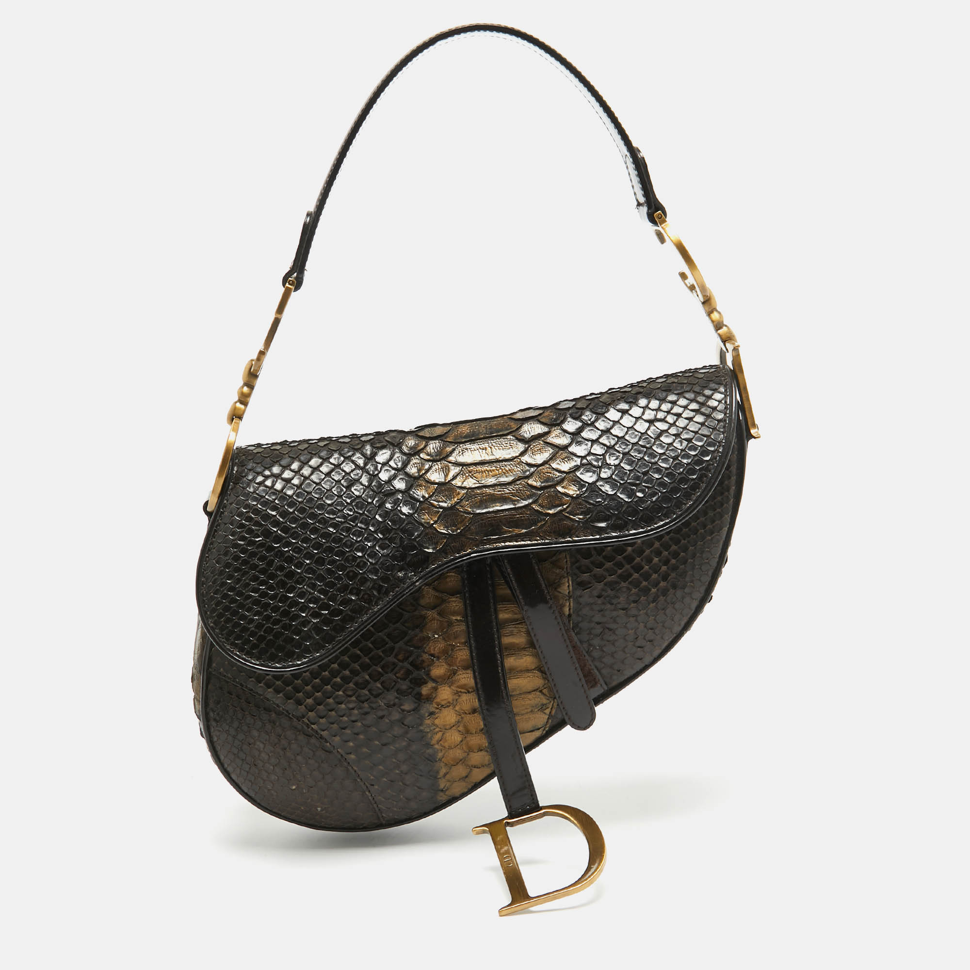 

Dior Dark Brown/Gold Python and Patent Leather Saddle Bag