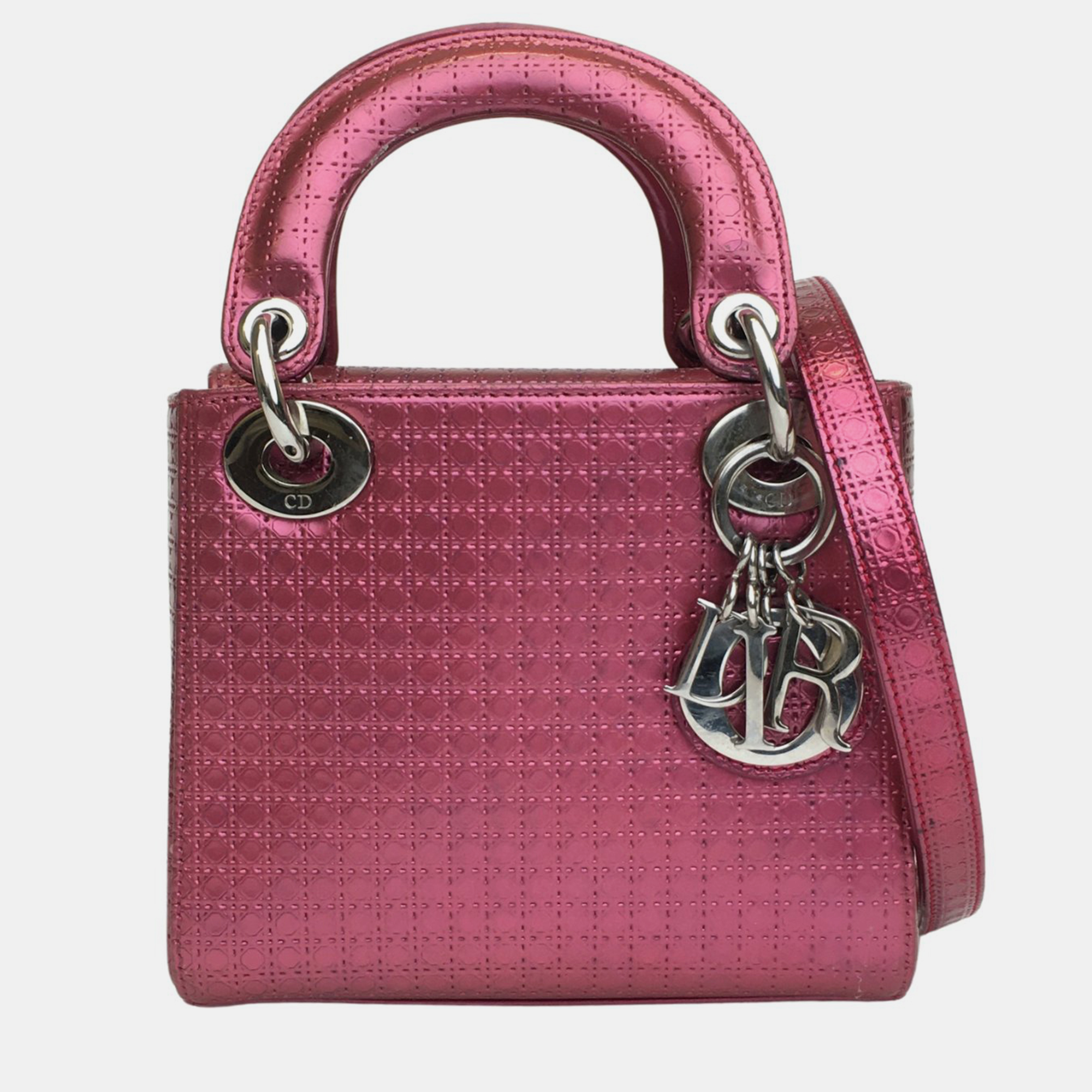 

Dior Pink Patent Leather Microcannage Mini Lady Dior Tote Bag