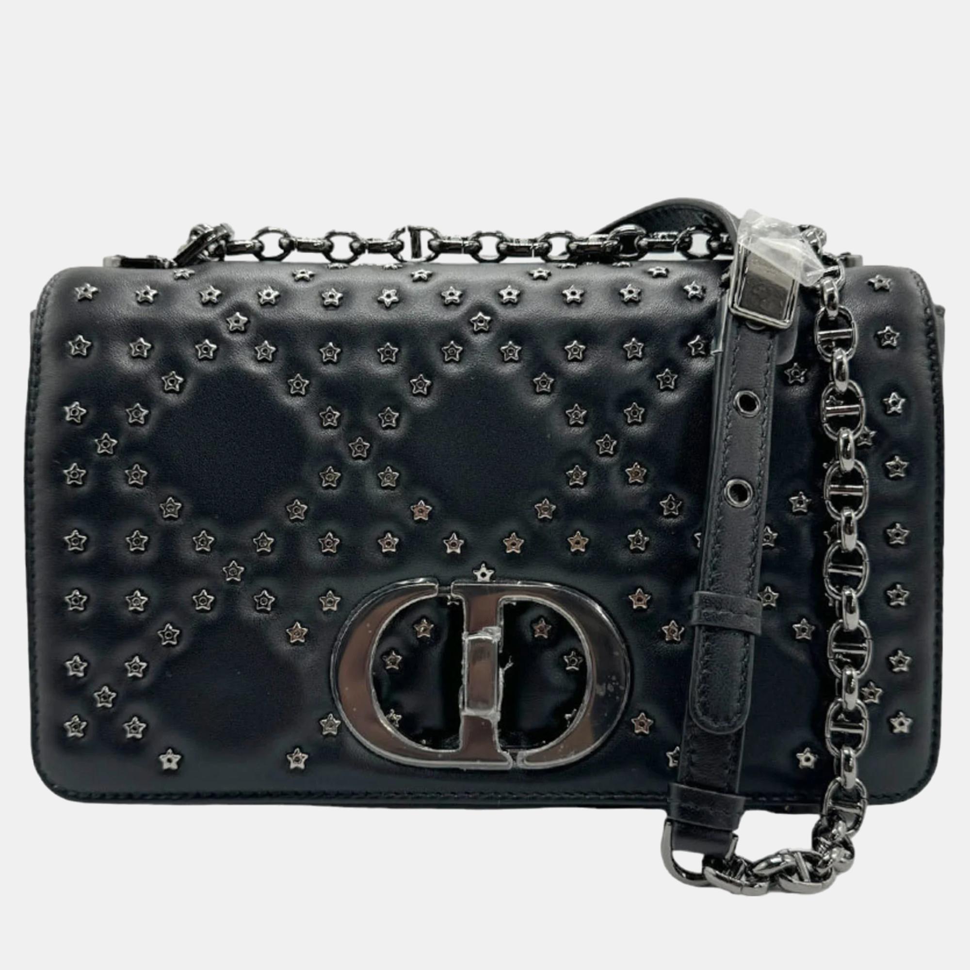 Pre-owned Dior Black Leather Macrocannage Star Studded Caro Shoulder Bag