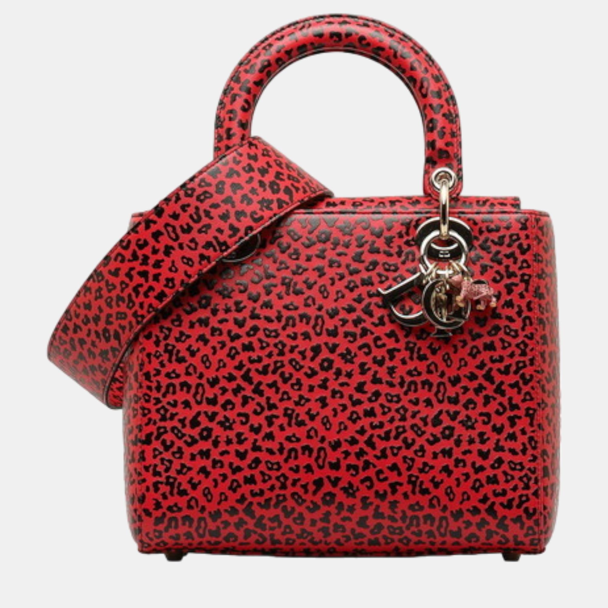 

Dior Red/Black Leather Leopard Print Medium Lady Dior Top Handle Bag