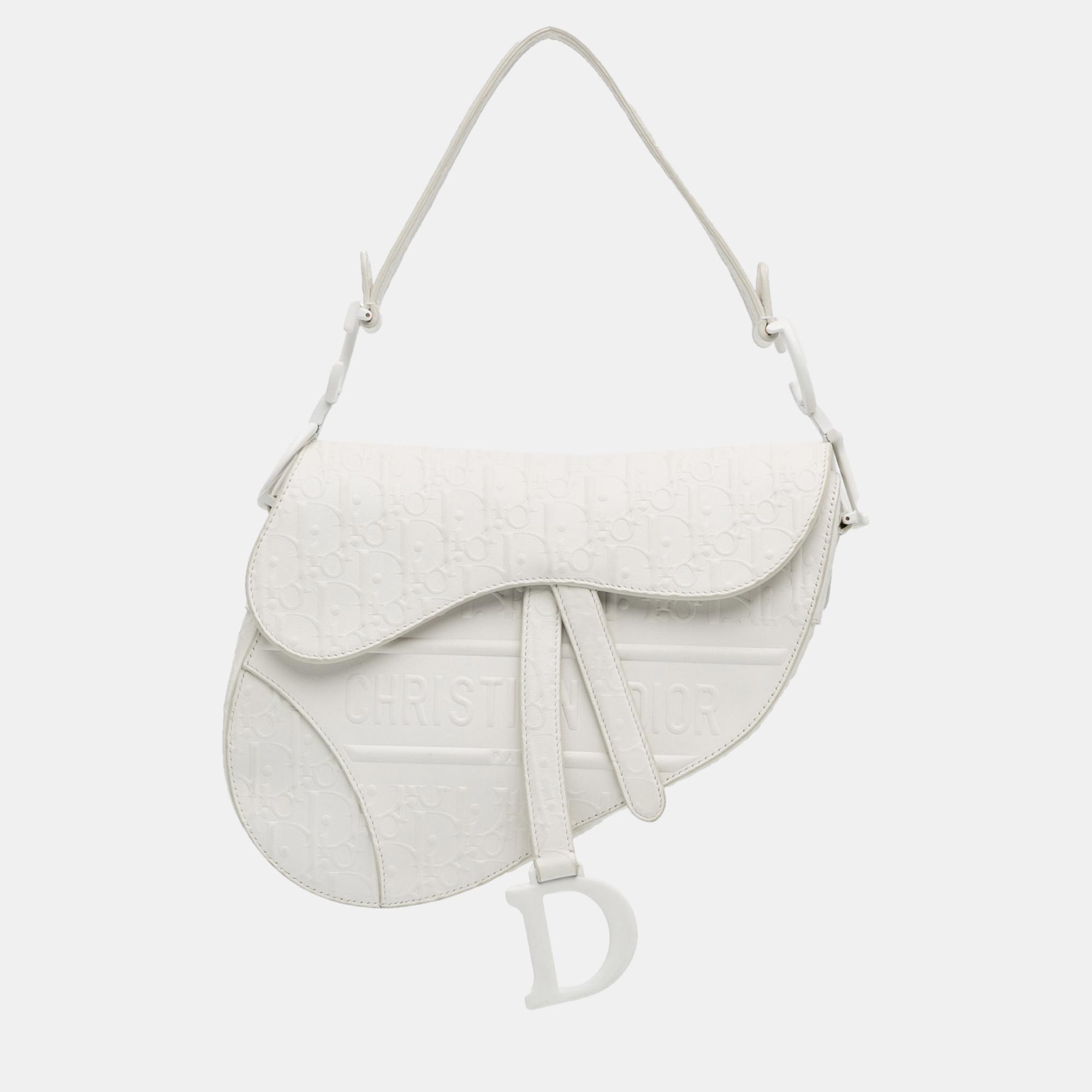 

Dior White Embossed Leather Oblique Saddle Bag