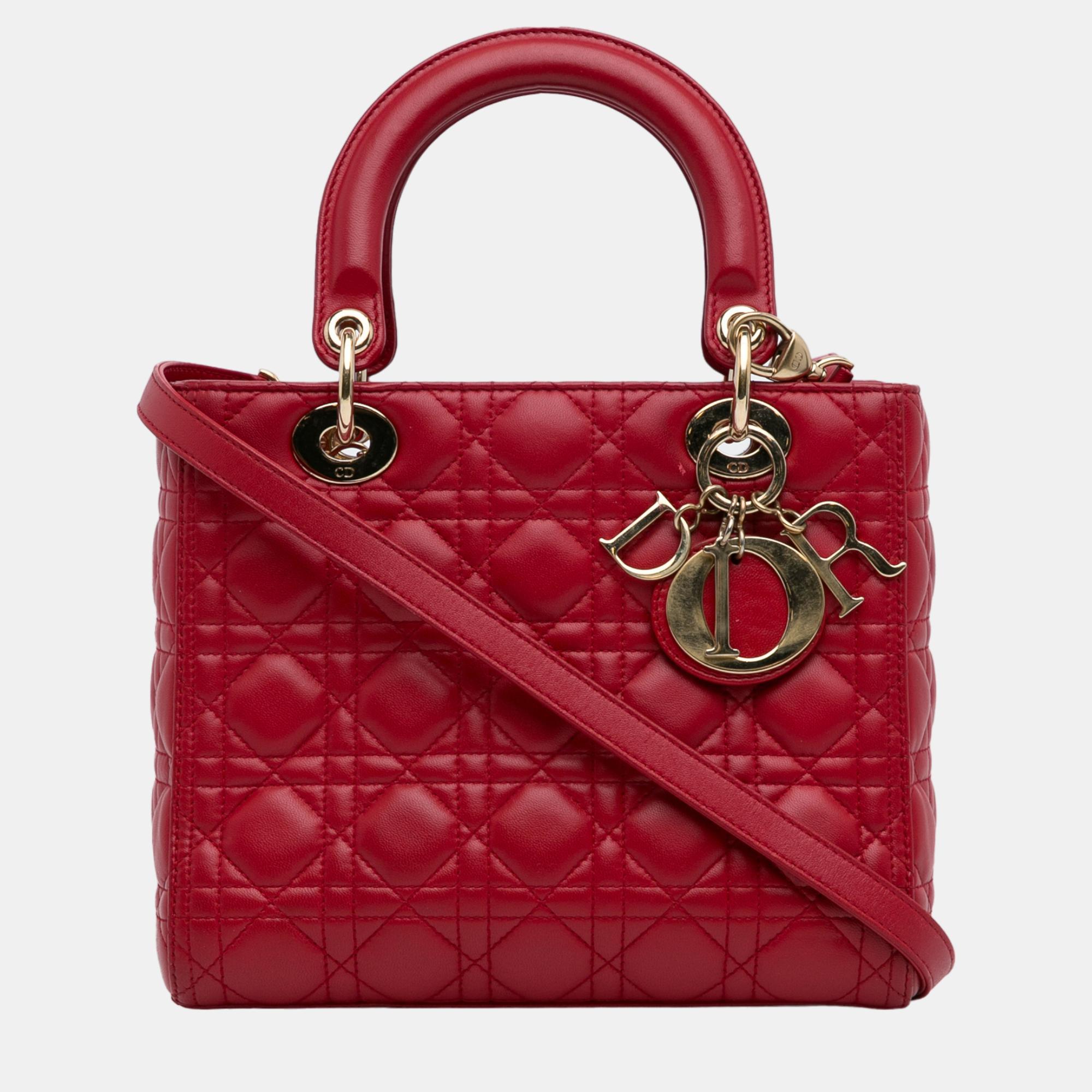 

Dior Red Medium Lambskin Cannage Lady Dior