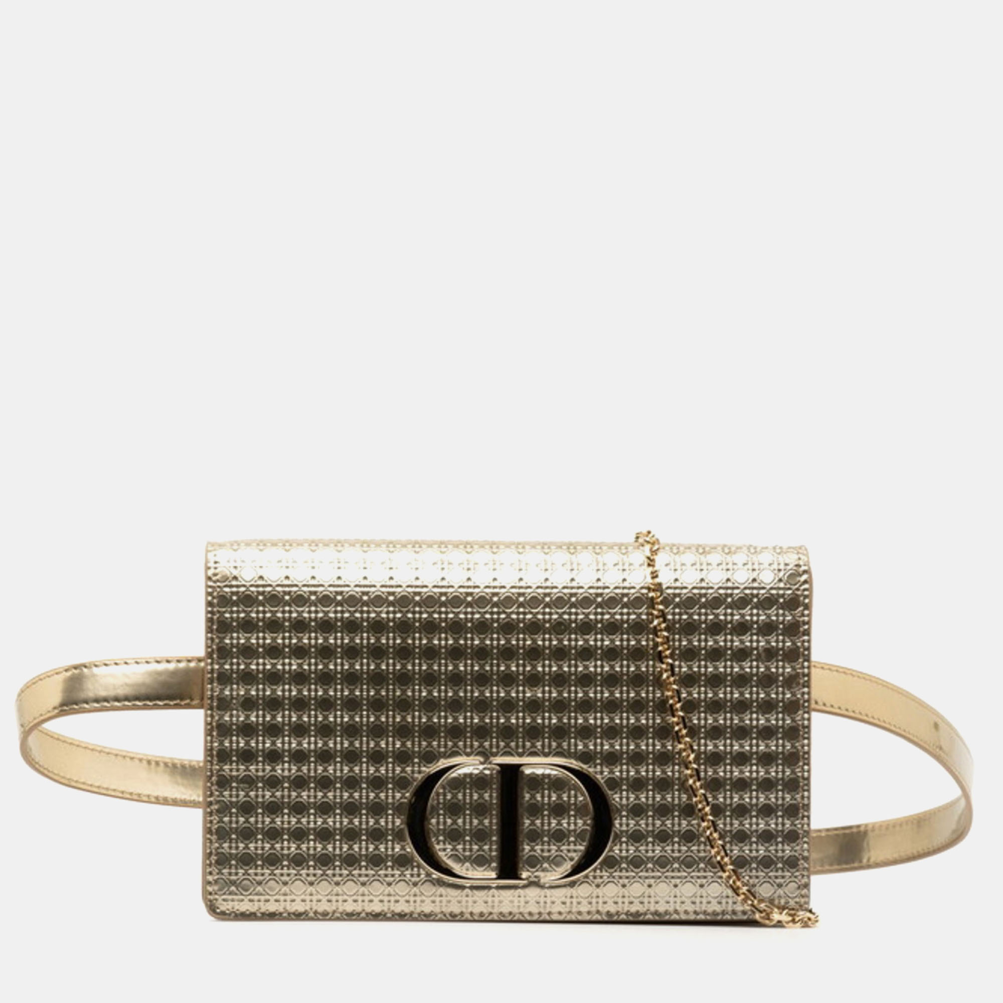 

Dior Golden Metallic Patent Microcannage 30 Montaigne 2-in-1 Pouch Belt Bag, Gold