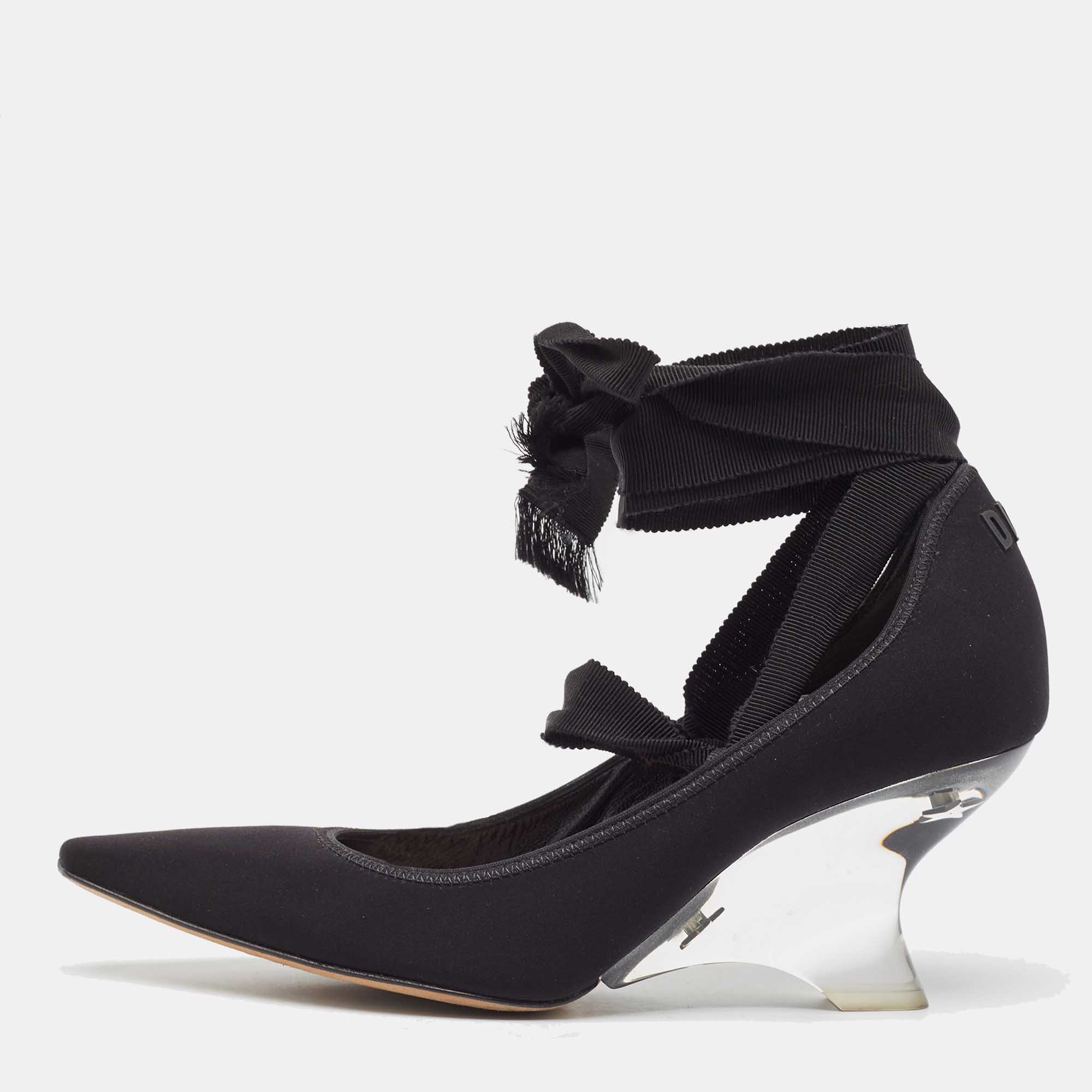 

Dior Black Fabric Transparent Wedge Ankle Tie Pumps Size