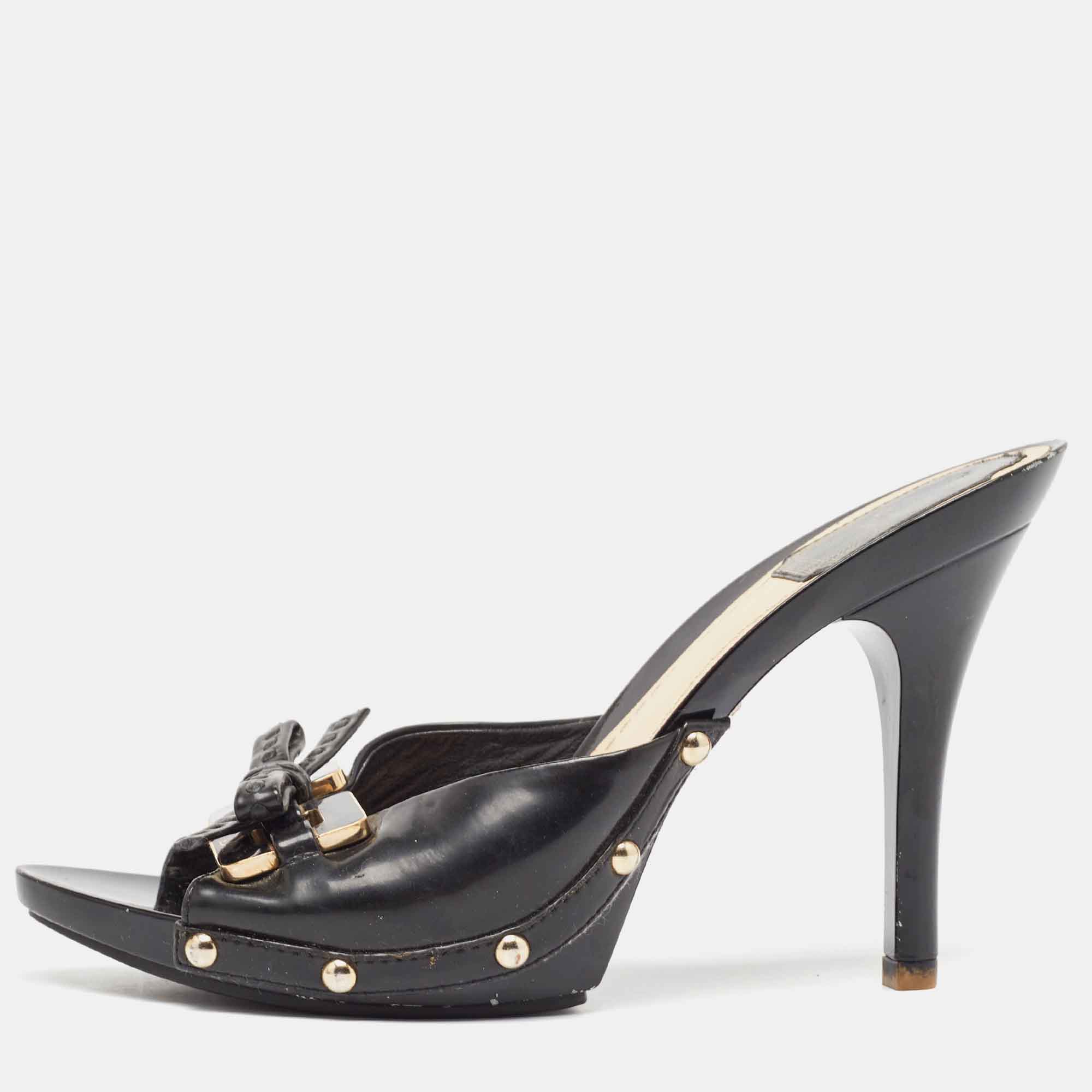 

Dior Black Cannage Patent Bow Slide Sandals Size