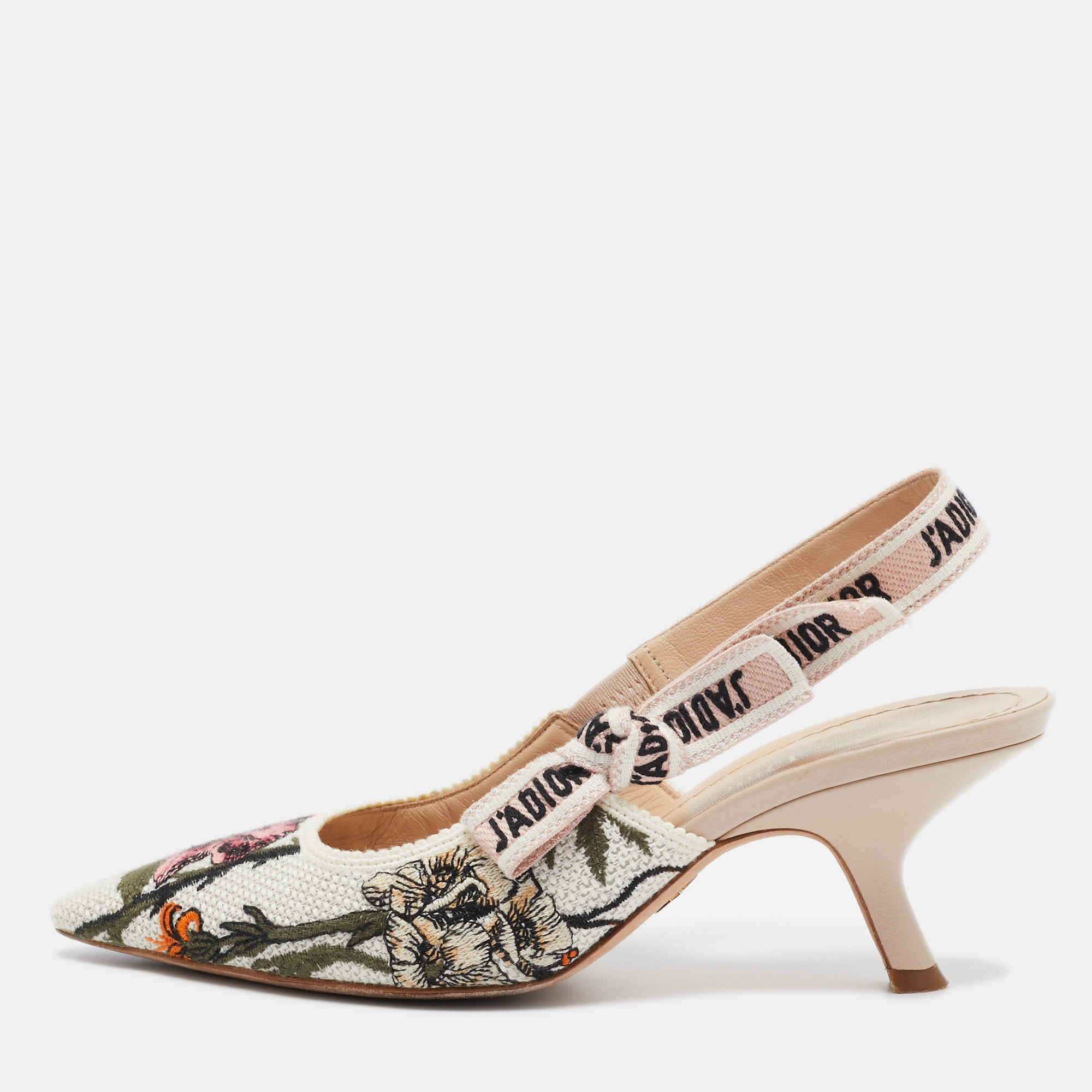 

Dior White Floral Embroidered Canvas J'adior Slingback Pumps Size