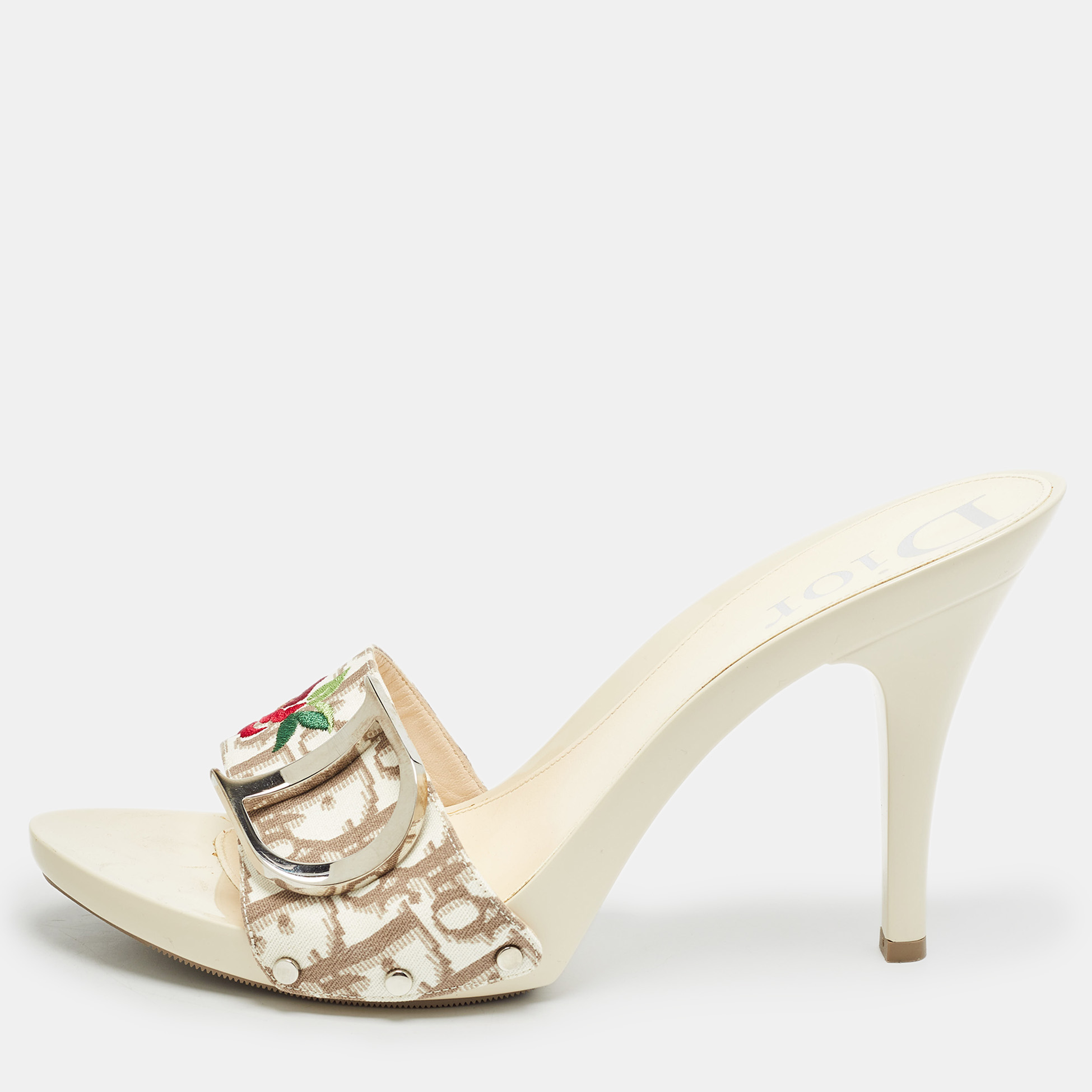 

Dior White/Brown Oblique Canvas Embroidered Flower CD Buckle Detail Slide Sandals Size