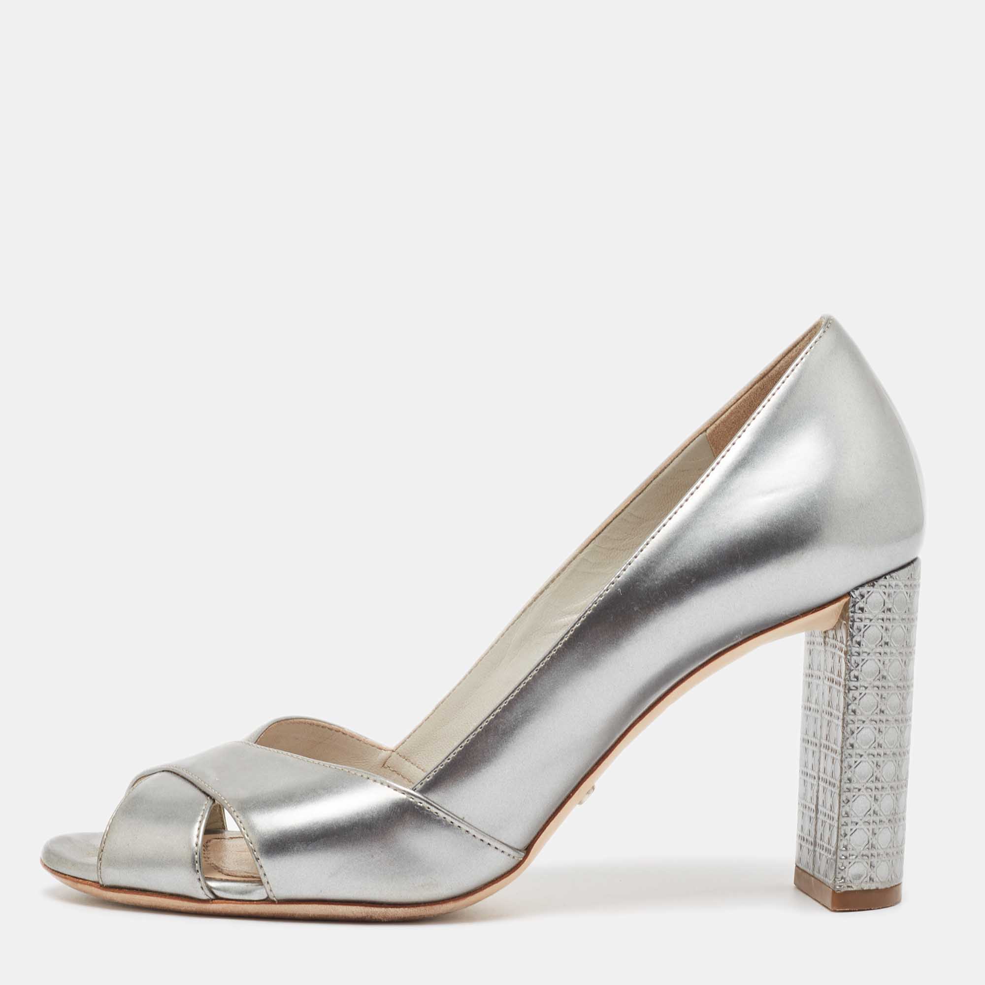 

Dior Silver Leather Crisscross Cannage Heel Peep Toe Pumps Size