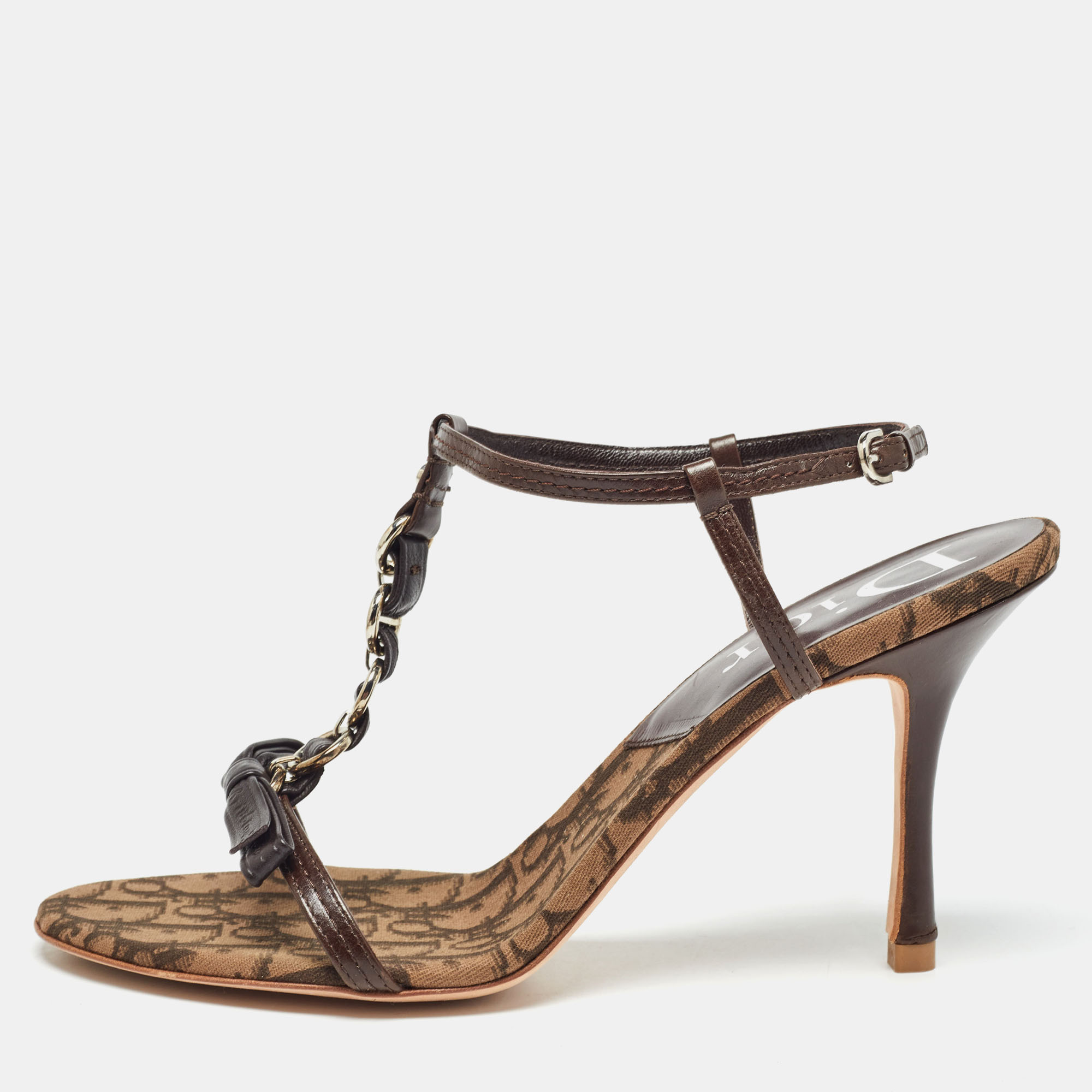 

Dior Brown Leather and Canvas Embellished T Strap Sandals Size