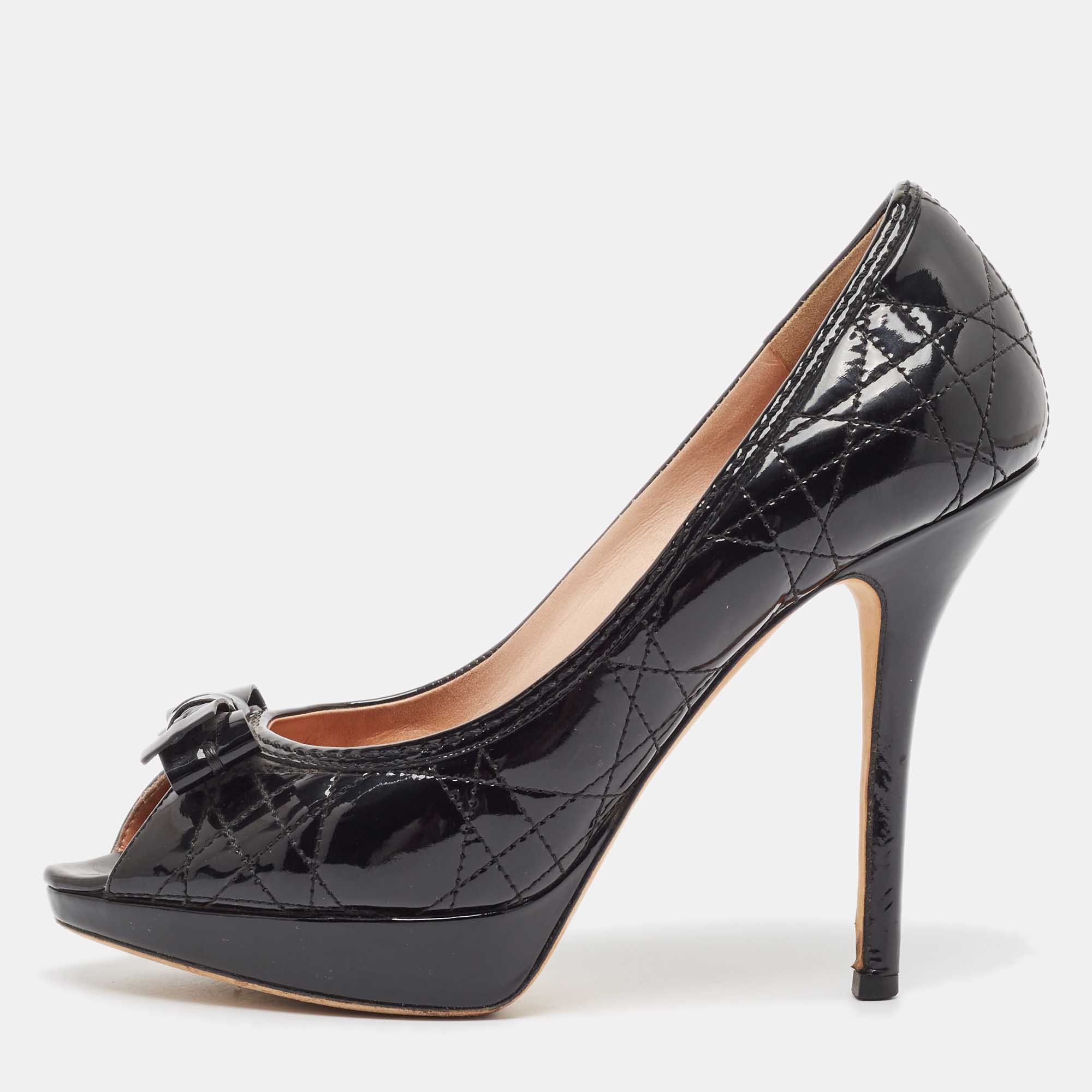 

Dior Black Cannage Patent Leather Bow Peep Toe Pumps Size