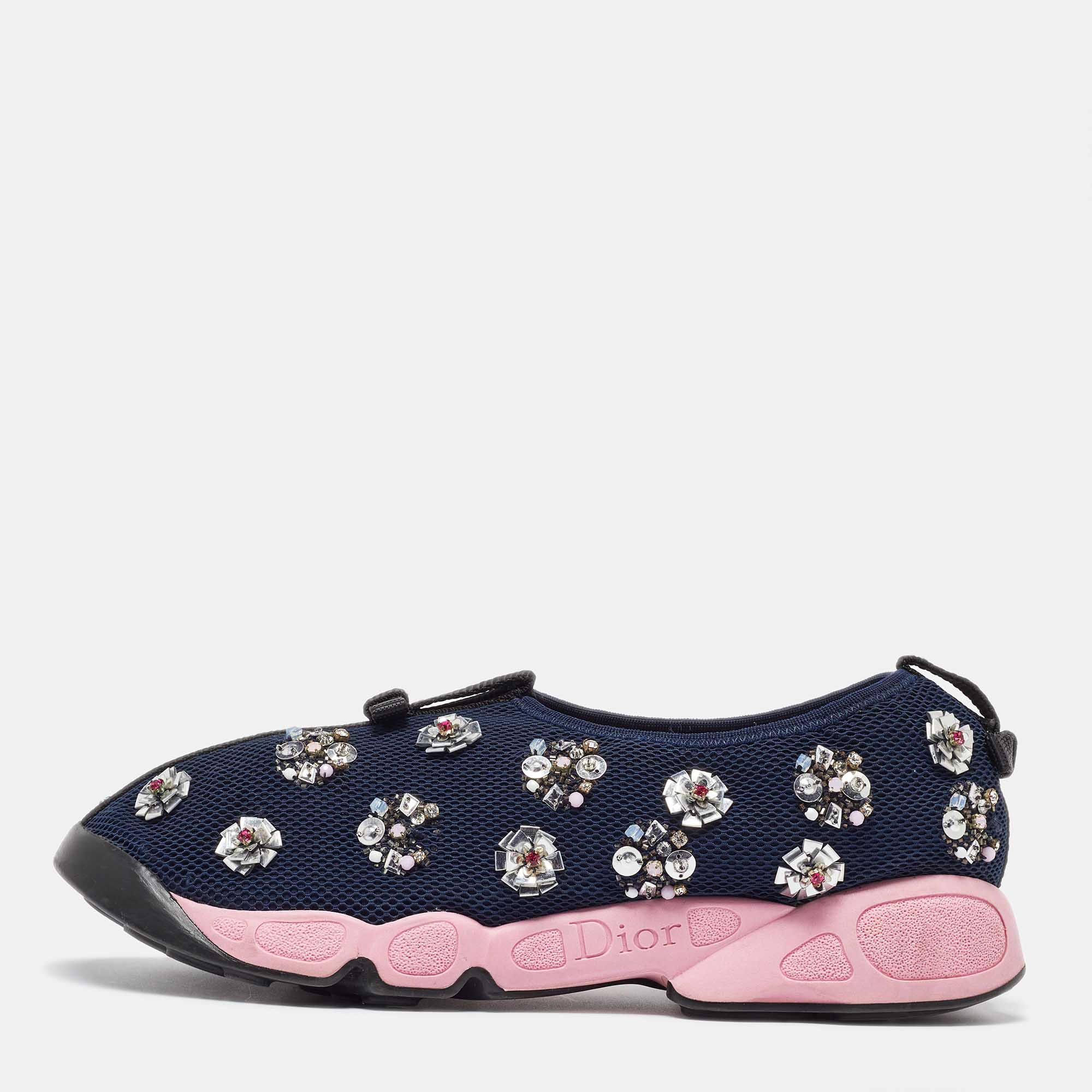 

Dior Navy Blue Mesh Fusion Floral Embellished Slip On Sneakers Size