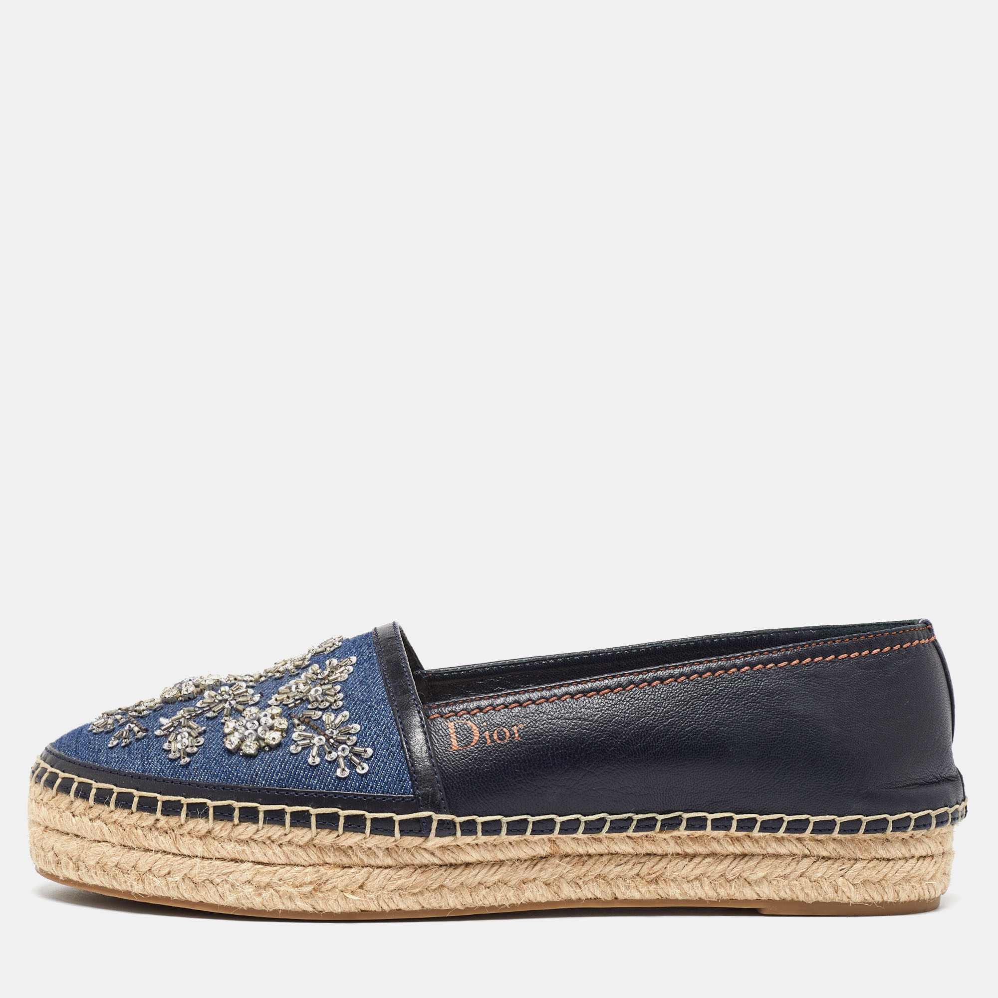 

Dior Blue Leather and Denim Crystal Embellished Flat Espadrilles Size