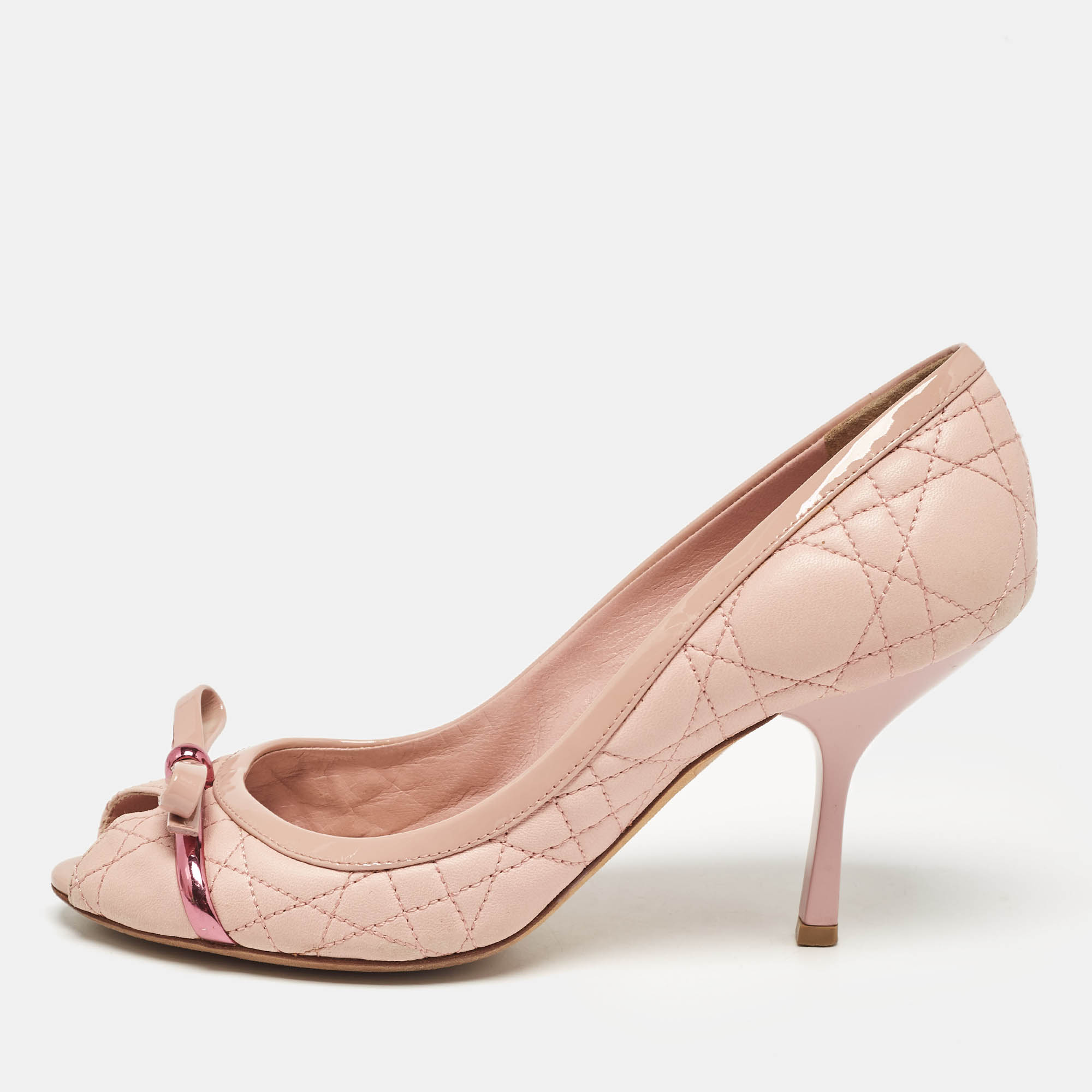 

Dior Pink Quilted Leather Bow Peep Toe Pumps Size