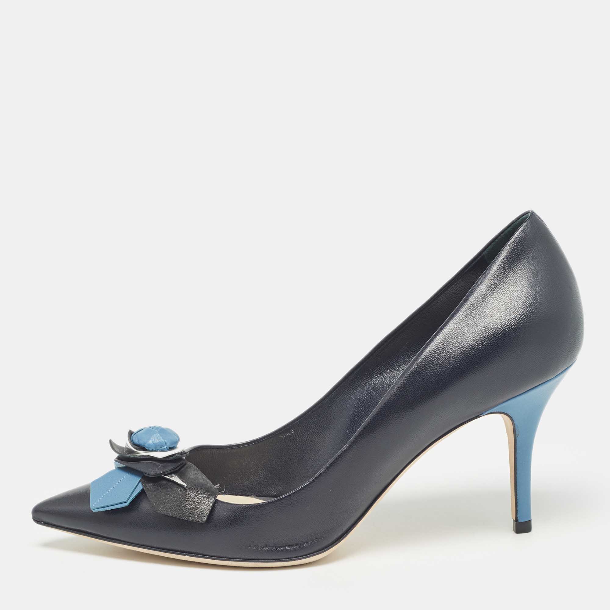 

Dior Navy Blue Leather Flower Applique Pumps Size