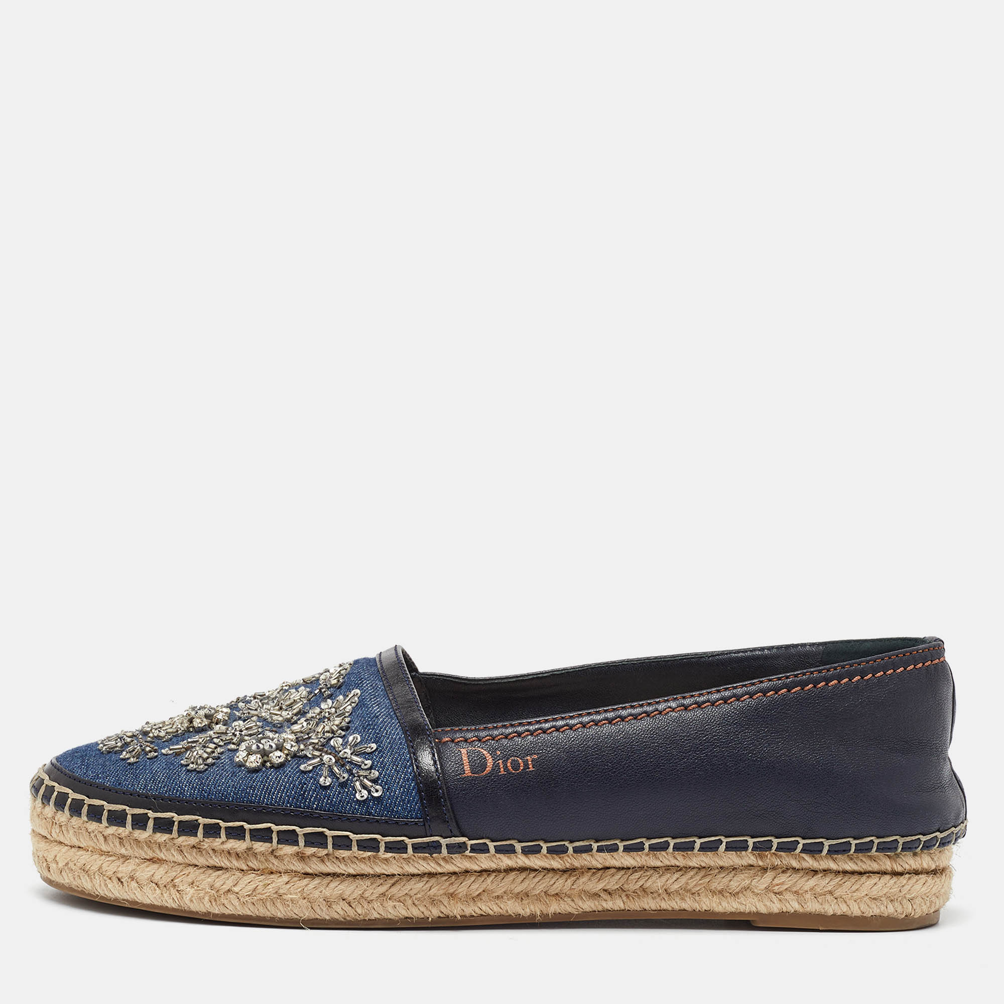 

Dior Blue Canvas and Leather Crystal Embellished Espadrille Loafers Size