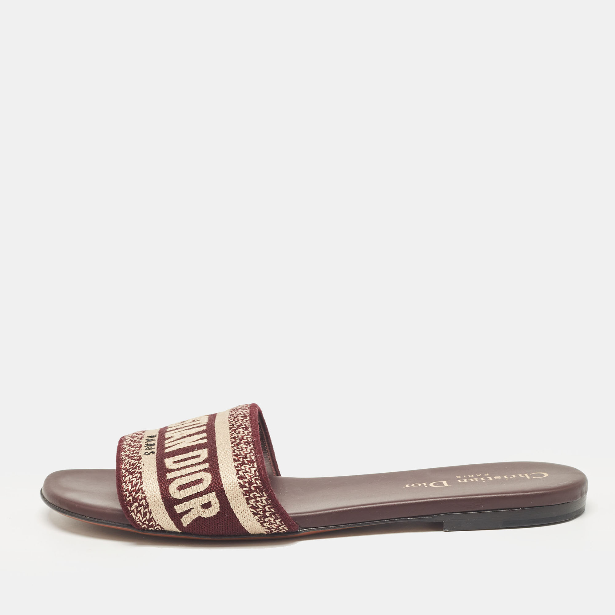 

Dior Burgundy/Cream Embroidered Canvas Dway Flat Slides Size