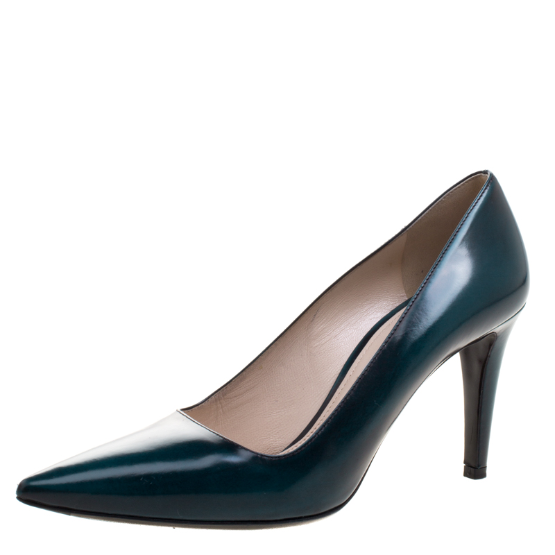 Pre Owned Prada Cobalt Green Leather Pointed Toe Pumps Size 38.5