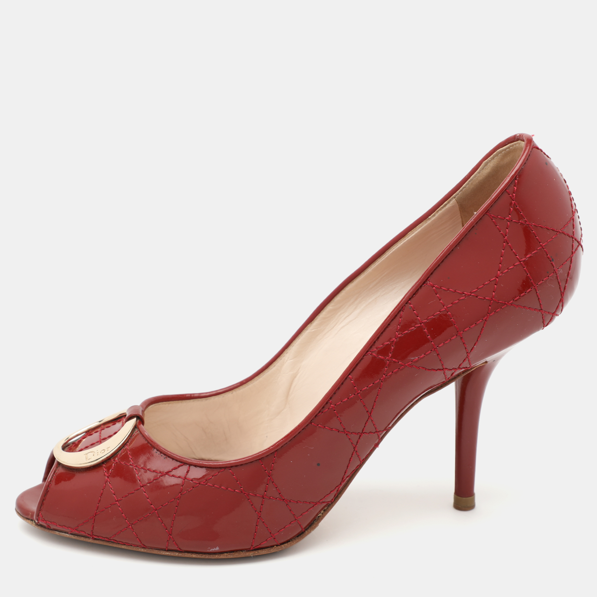 

Dior Red Cannage Patent Leather Embellished Peep Toe Pumps Size