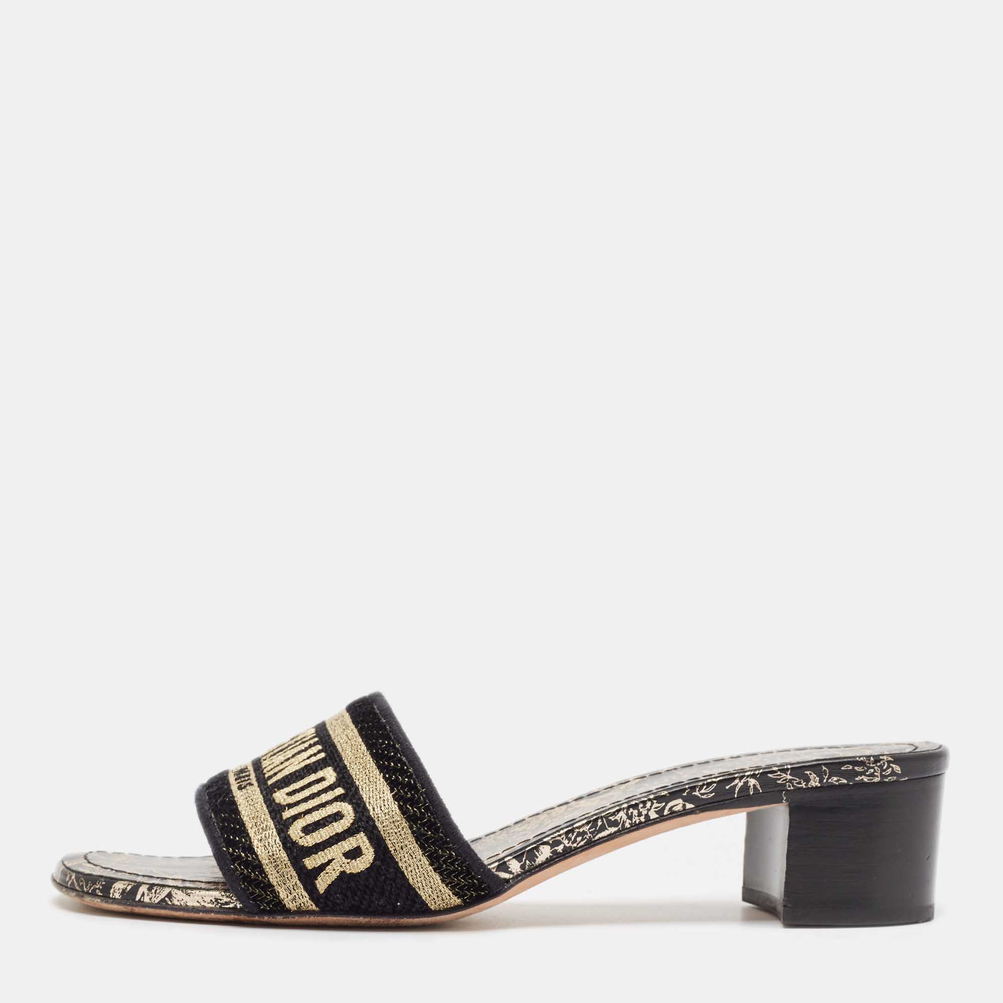 

Dior Black/Gold Fabric Dway Slide Sandals Size