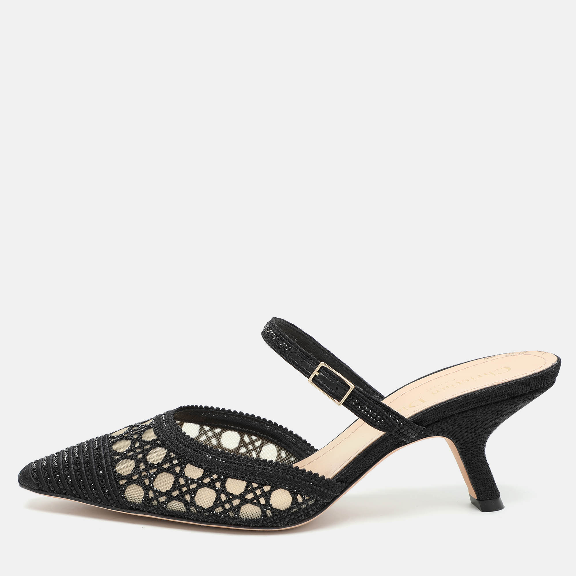 

Dior Black Embellished Mesh Dior Capture Ankle Strap Mules Size